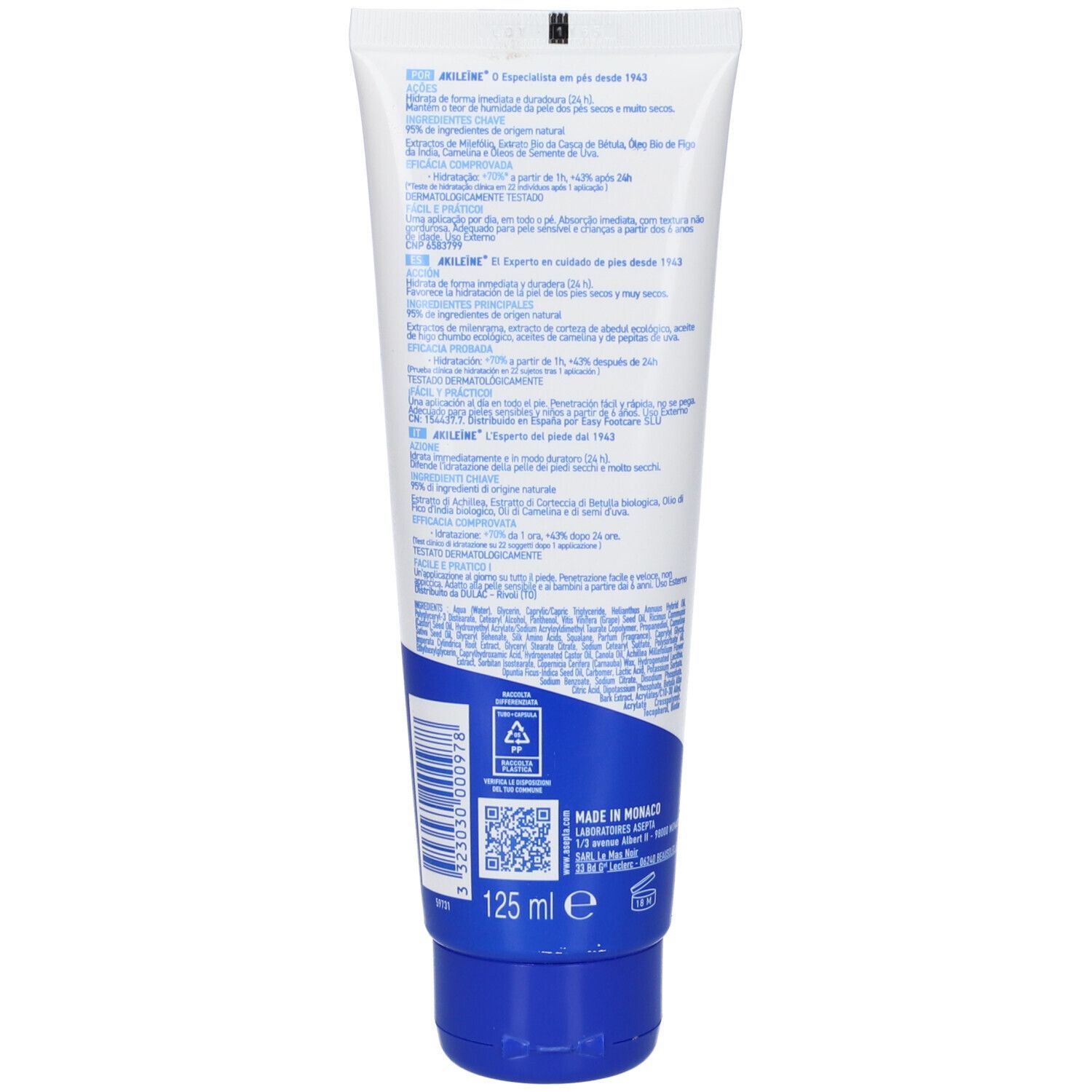 Retro del tubo blu. Testo multilingue. '125 ml e' e codice QR. Tappo blu.