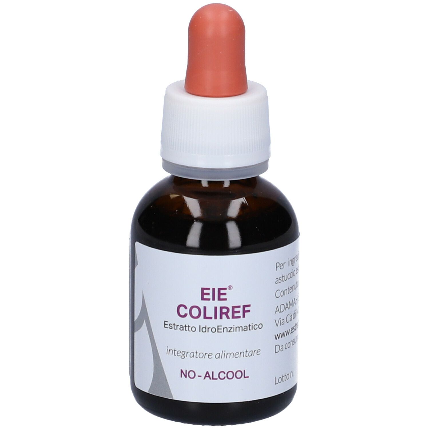 Flacone di vetro marrone con contagocce. Scritta: EIE Coliref, estratto. Etichetta con informazioni. Contagocce rosso.