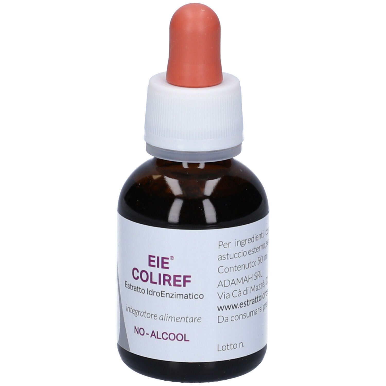 Flacone di vetro marrone con contagocce. Etichetta con informazioni. Contagocce rosso. Testo: EIE Coliref, estratto, NO-ALCOOL.