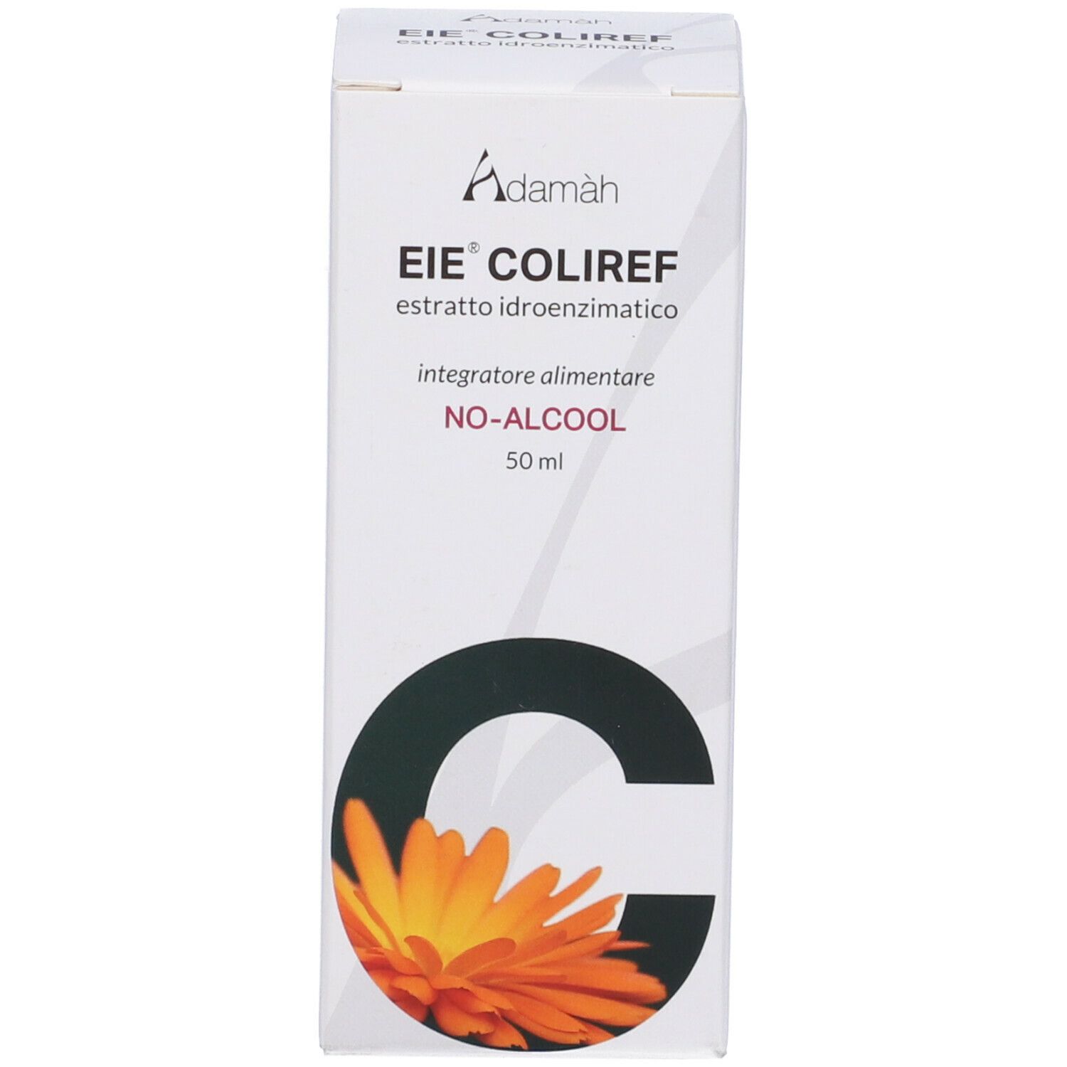 Scatola bianca con stampa del prodotto. Scritta: Adamàh EIE Coliref, NO-ALCOOL. Immagine di un fiore. 50 ml.