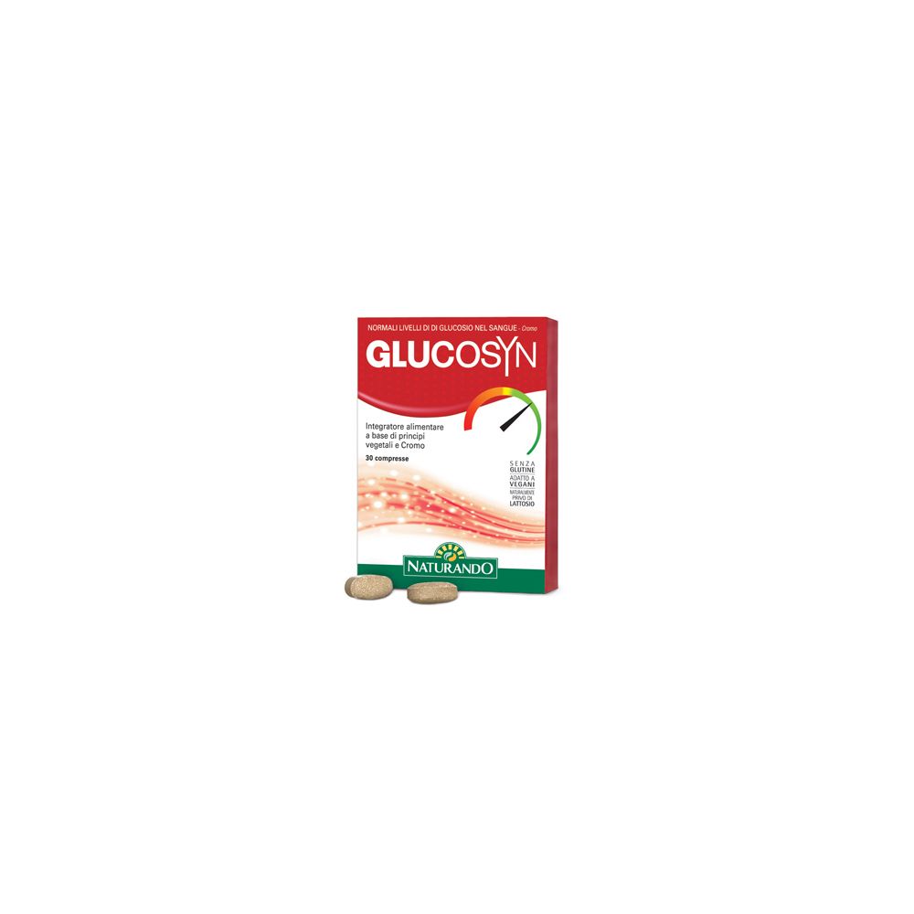 Scatola rossa con compresse. Scritta GLUCOSIN, logo Naturando. Due compresse davanti alla confezione.
