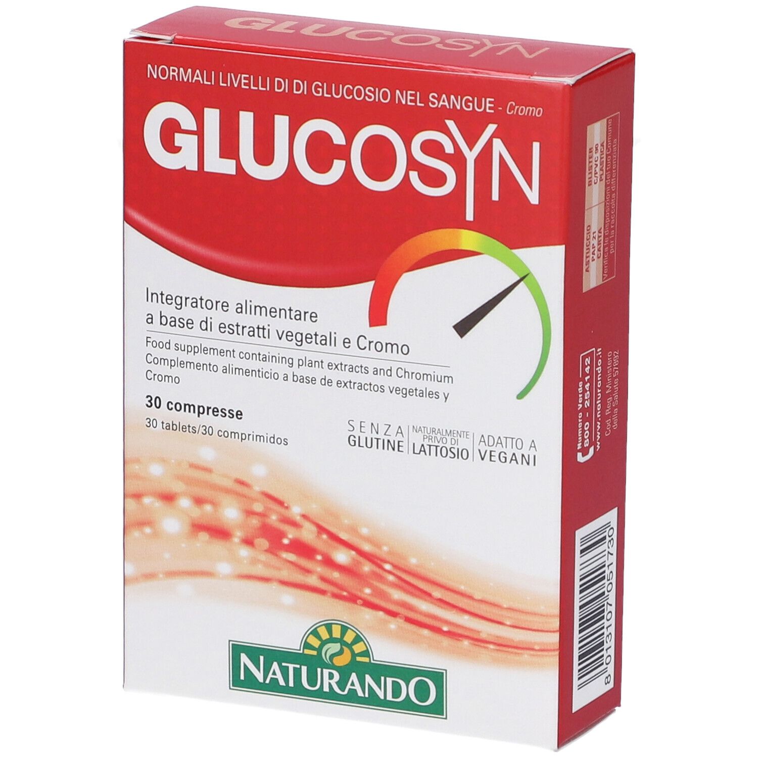 Scatola rossa con scritta GLUCOSIN. Contiene 30 compresse. Logo Naturando. Testo: Senza glutine, lattosio, vegano.