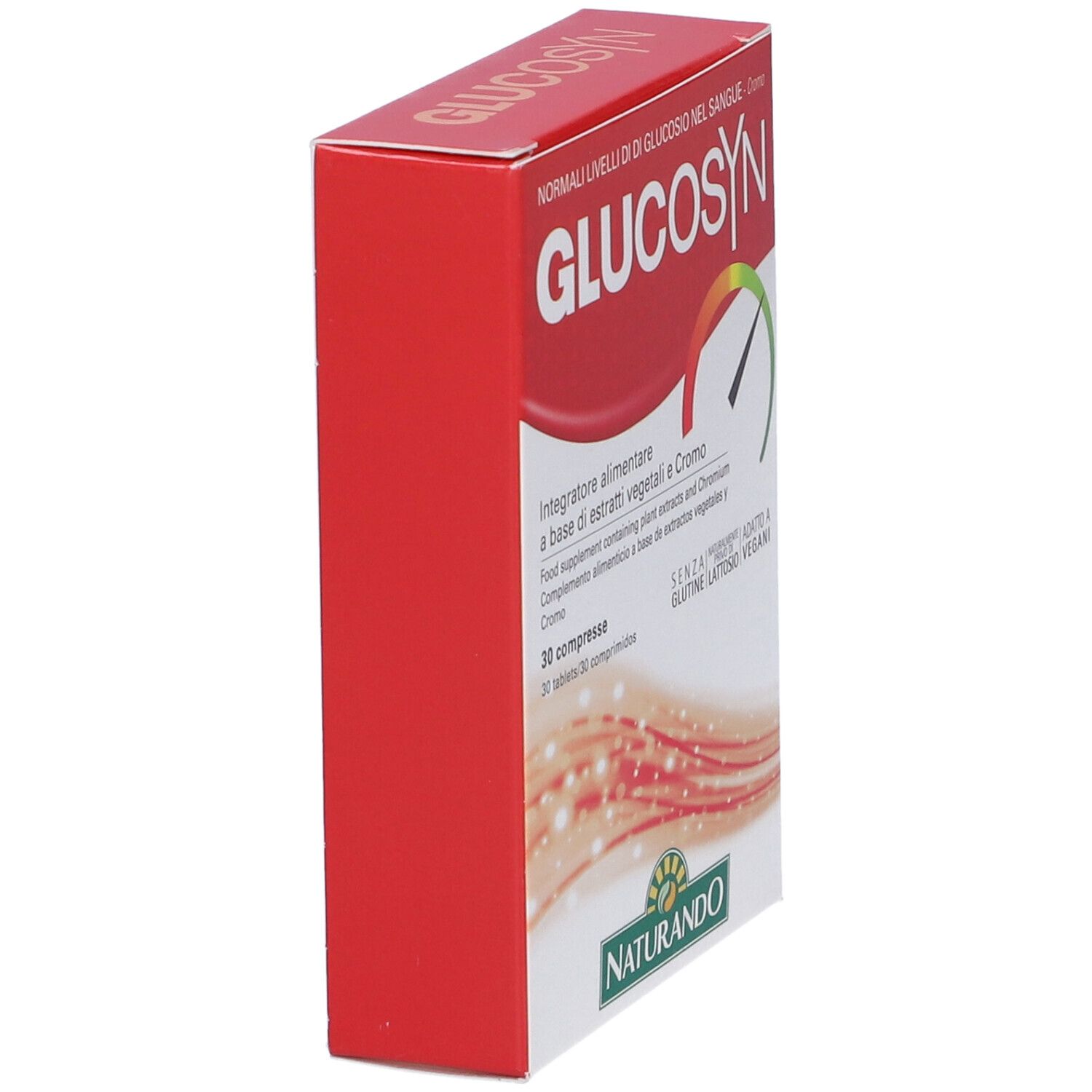 Scatola rossa con scritta GLUCOSIN. Logo Naturando. Vista laterale. Testo: 30 compresse.