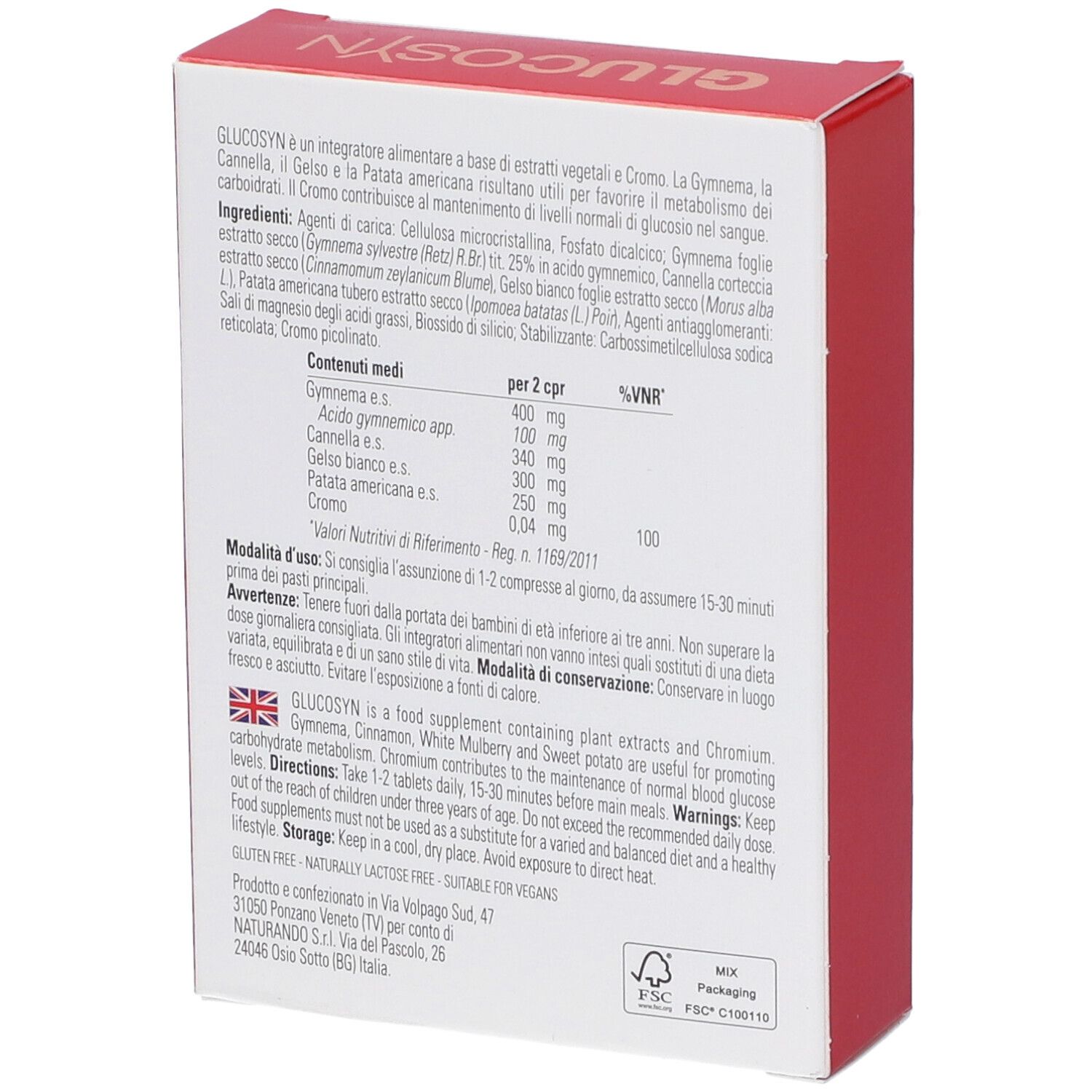 Scatola rossa con scritta GLUCOSIN. Retro con ingredienti e istruzioni per l'uso. Logo Naturando.