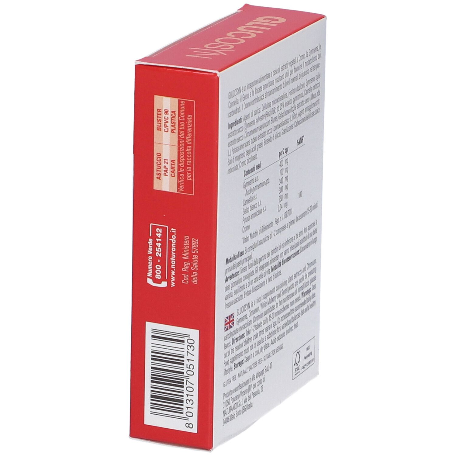 Scatola rossa con scritta GLUCOSIN. Vista laterale con codice a barre e informazioni. Logo Naturando.