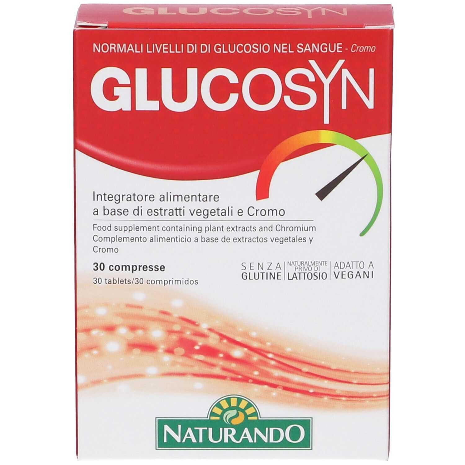 Scatola rossa con scritta GLUCOSIN. Contiene 30 compresse. Logo Naturando. Testo: Senza glutine, lattosio, vegano.