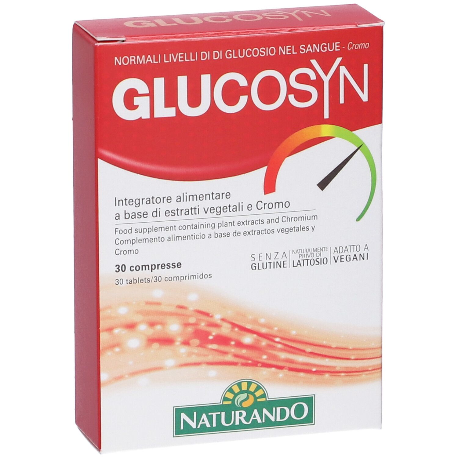 Scatola rossa con scritta GLUCOSIN. Contiene 30 compresse. Logo Naturando. Testo: Senza glutine, lattosio, vegano.