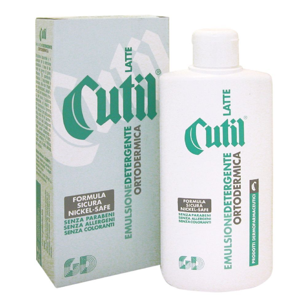 Flacone e scatola bianchi con logo e testo verdi. Scritta: Cutil Latte Emulsione Detergente Ortodermica.