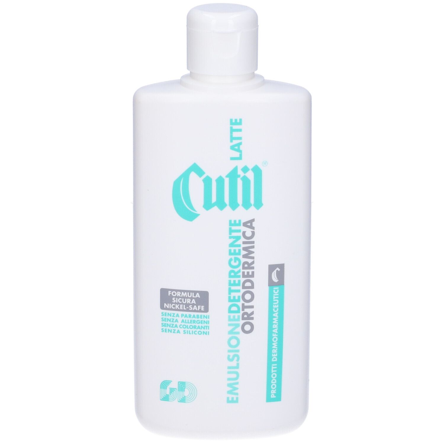 Flacone bianco con logo e testo verdi. Scritta: Cutil Latte Emulsione Detergente Ortodermica. Nickel-Safe.