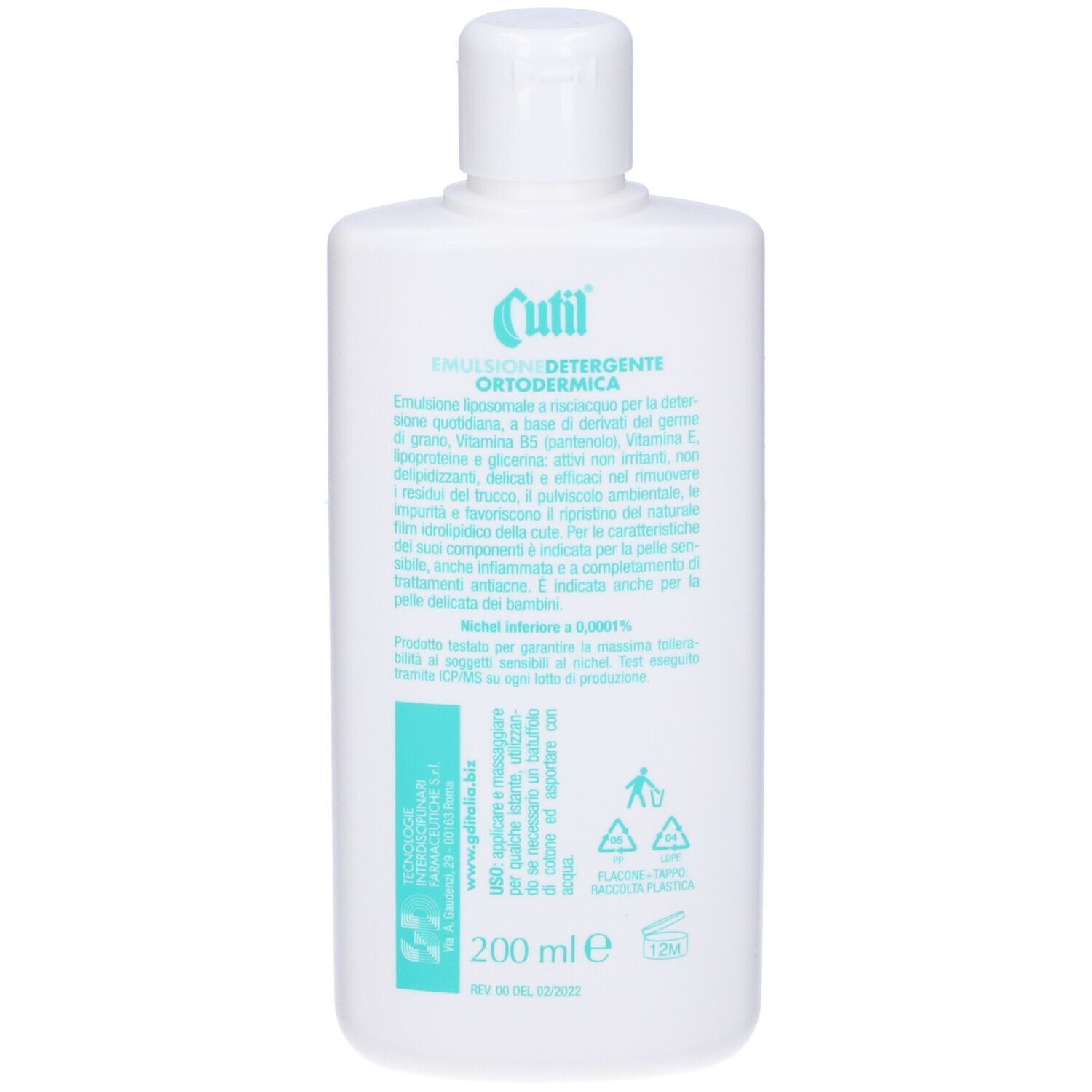 Retro di un flacone bianco con testo. Scritta: Cutil Latte Emulsione Detergente Ortodermica. 200 ml.