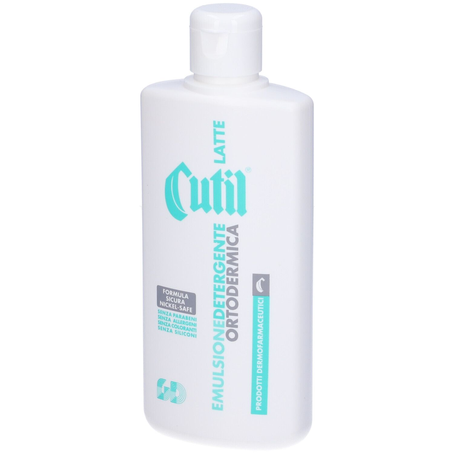 Flacone bianco con logo e testo verdi. Scritta: Cutil Latte Emulsione Detergente Ortodermica. Nickel-Safe.