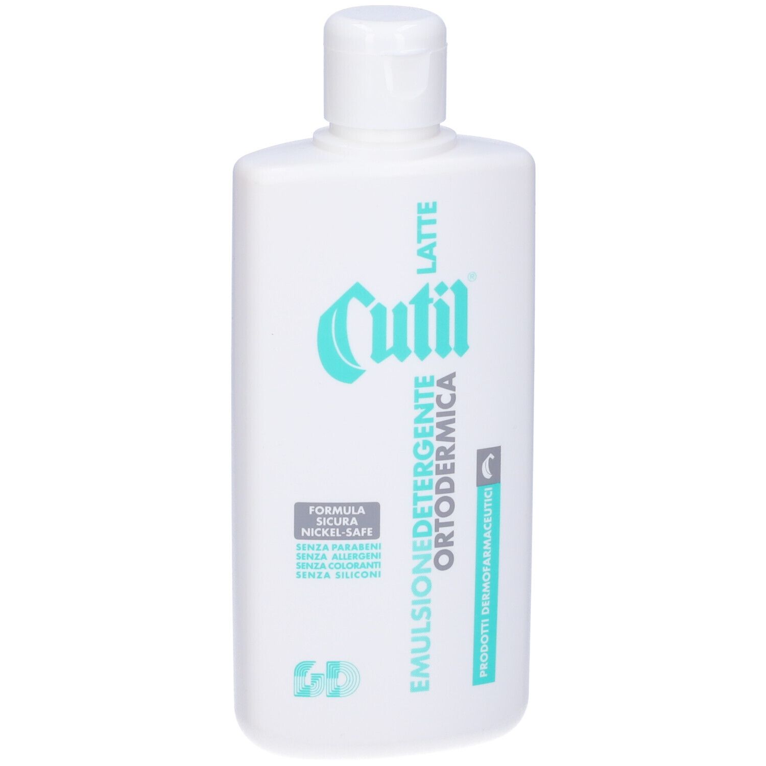 Flacone bianco con logo e testo verdi. Scritta: Cutil Latte Emulsione Detergente Ortodermica. Nickel-Safe.