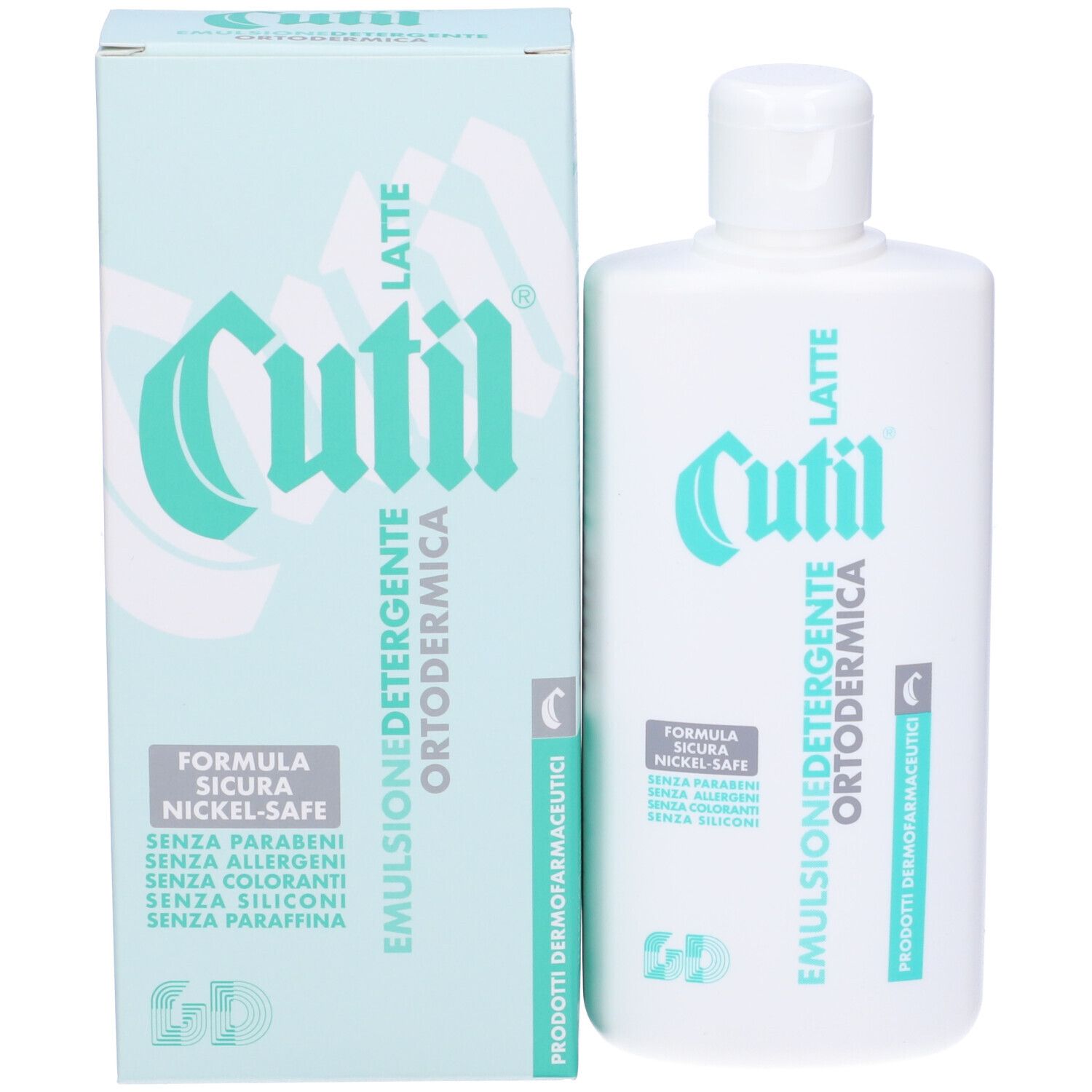 Flacone e scatola bianchi con logo e testo verdi. Scritta: Cutil Latte Emulsione Detergente Ortodermica.