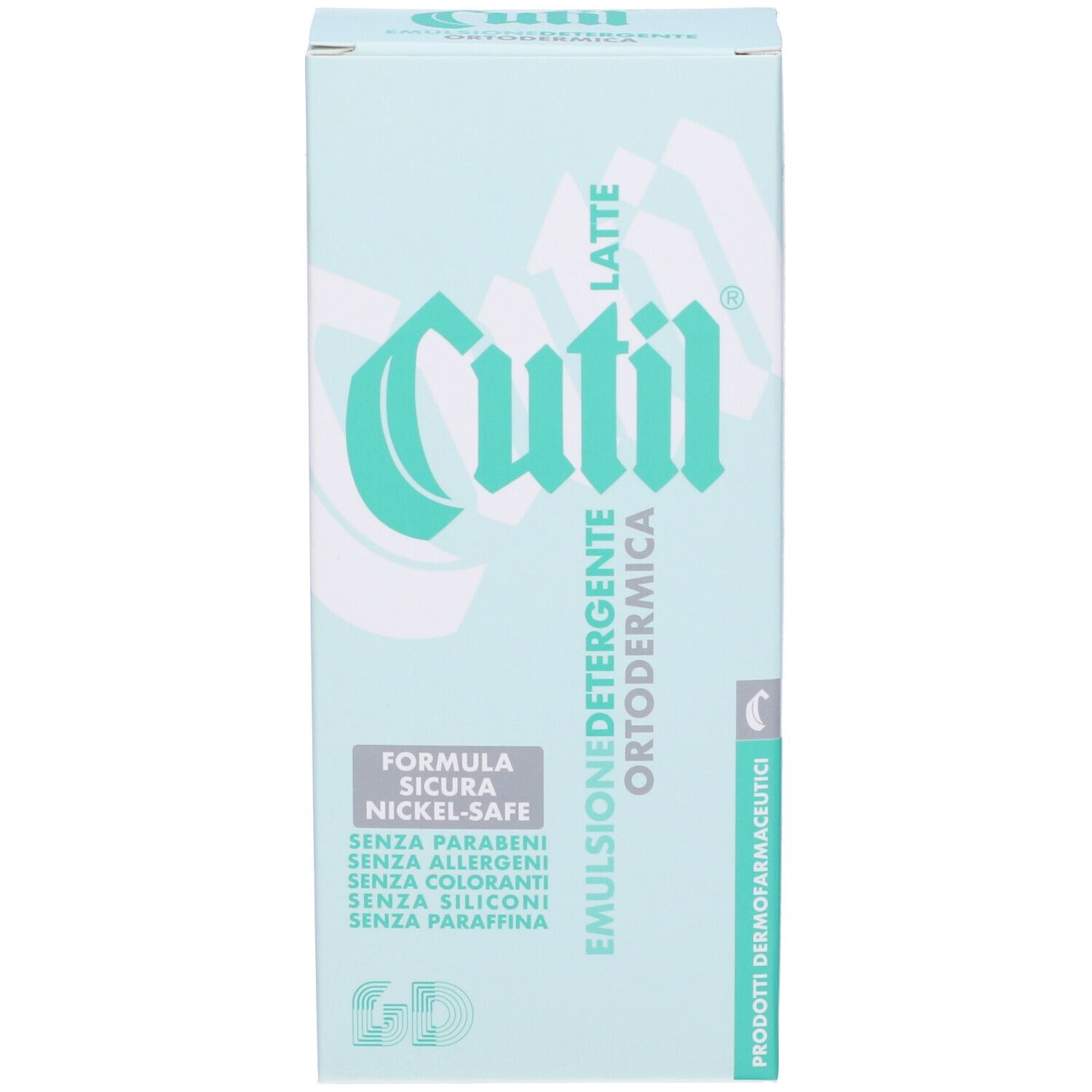 Scatola azzurra con logo e testo verdi. Scritta: Cutil Latte Emulsione Detergente Ortodermica.