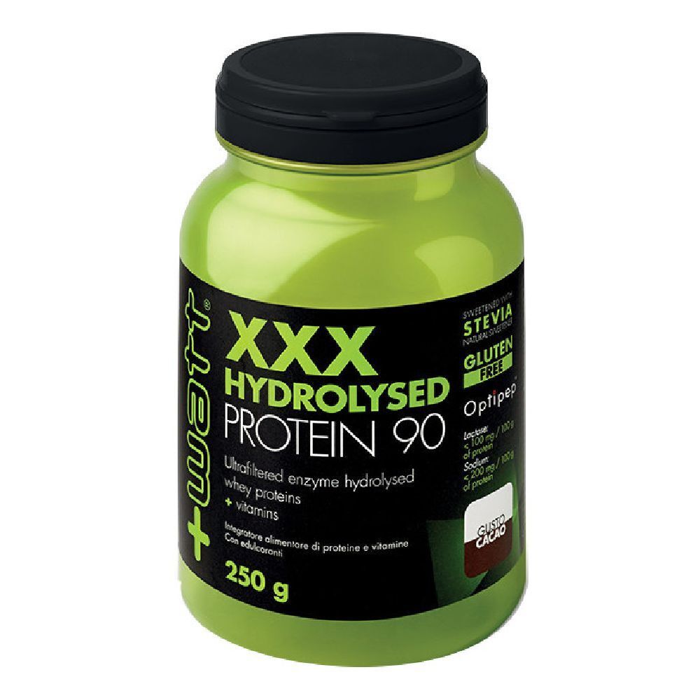Barattolo verde con coperchio nero. Scritta: XXX Hydrolysed Protein 90. 250 g. Senza glutine. Optipep.