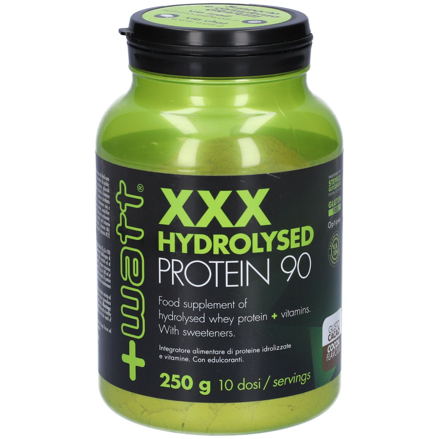 Barattolo verde con coperchio nero. Scritta: XXX Hydrolysed Protein 90. 250 g, 10 porzioni. Senza glutine.