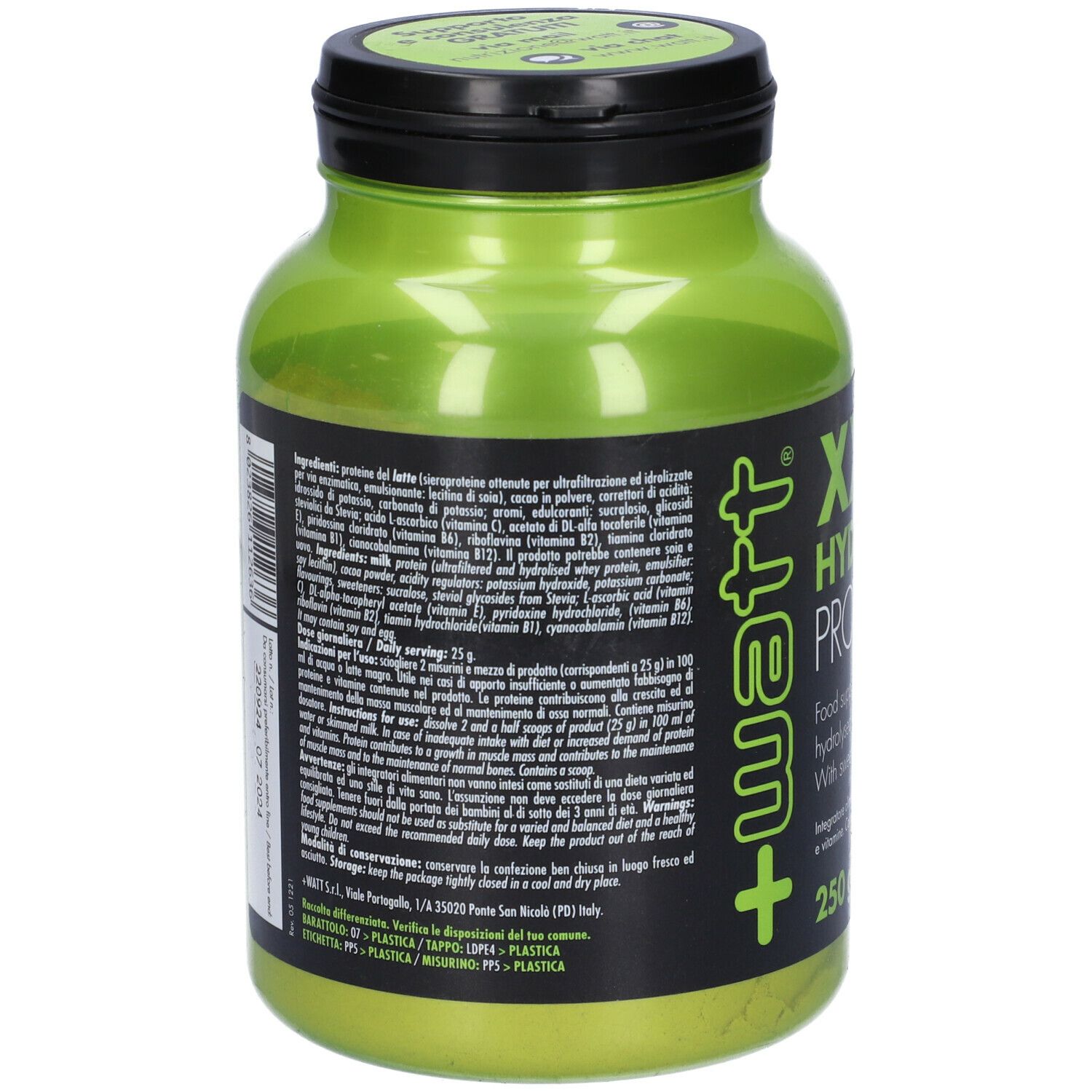 Barattolo verde con coperchio nero. Retro con testo. Scritta: XXX Hydrolysed Protein 90. 250 g.