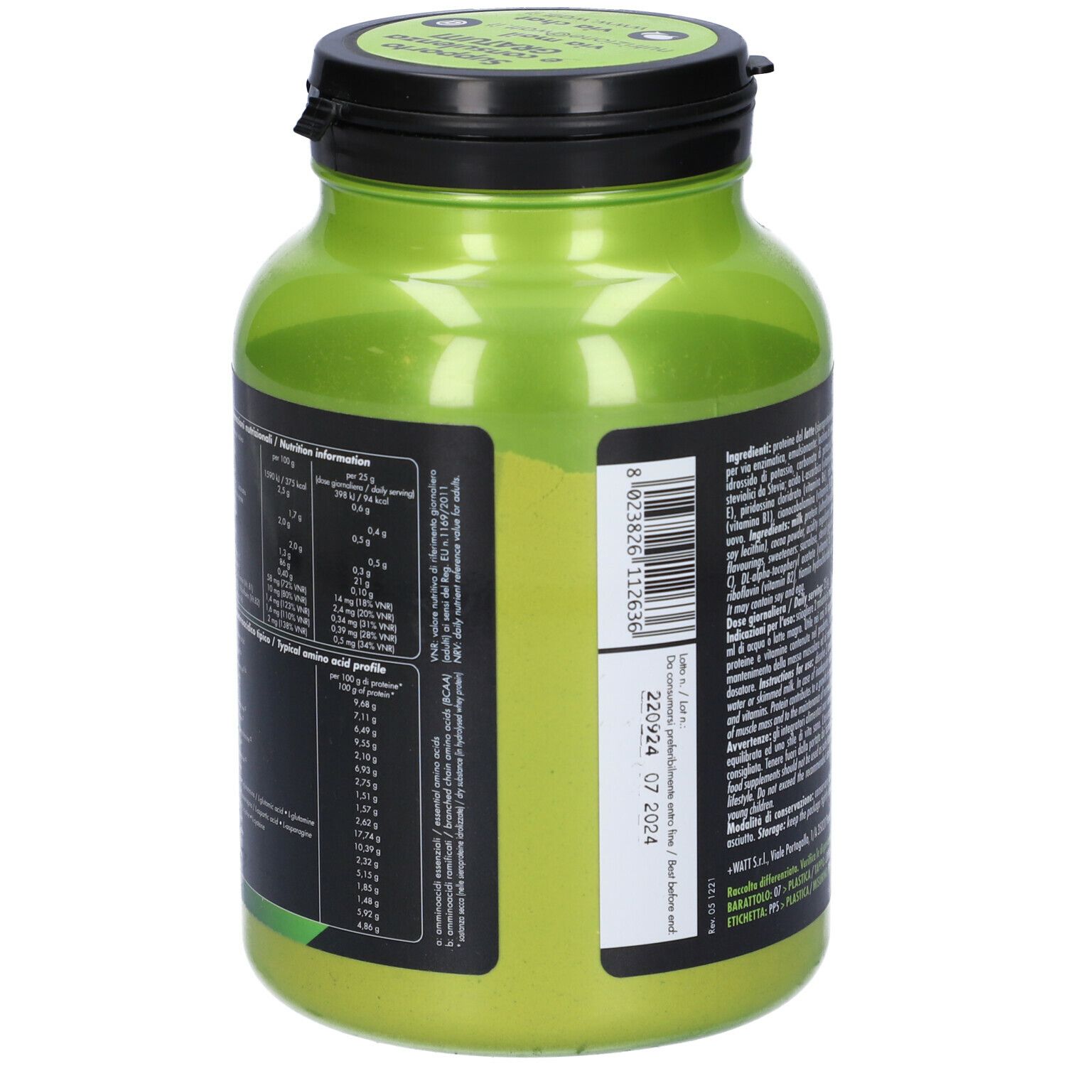 Barattolo verde con coperchio nero. Retro con testo. Scritta: XXX Hydrolysed Protein 90. 250 g.