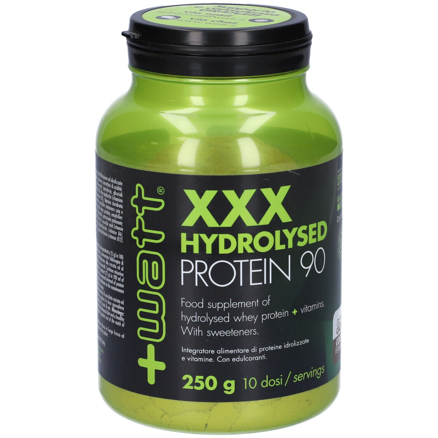 Barattolo verde con coperchio nero. Scritta: XXX Hydrolysed Protein 90. 250 g, 10 porzioni. Senza glutine.