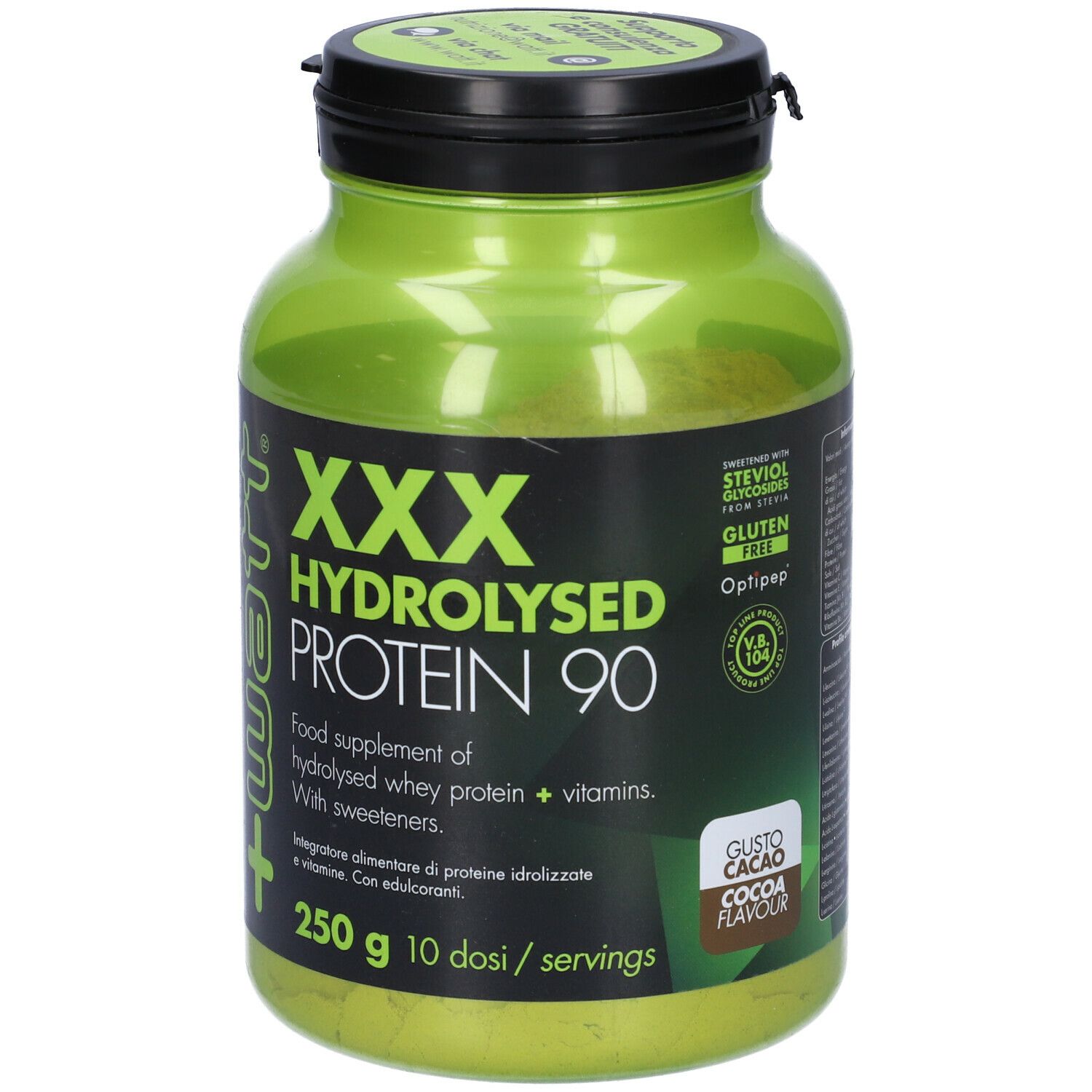 Barattolo verde con coperchio nero. Scritta: XXX Hydrolysed Protein 90. 250 g, 10 porzioni. Senza glutine. Gusto cacao.