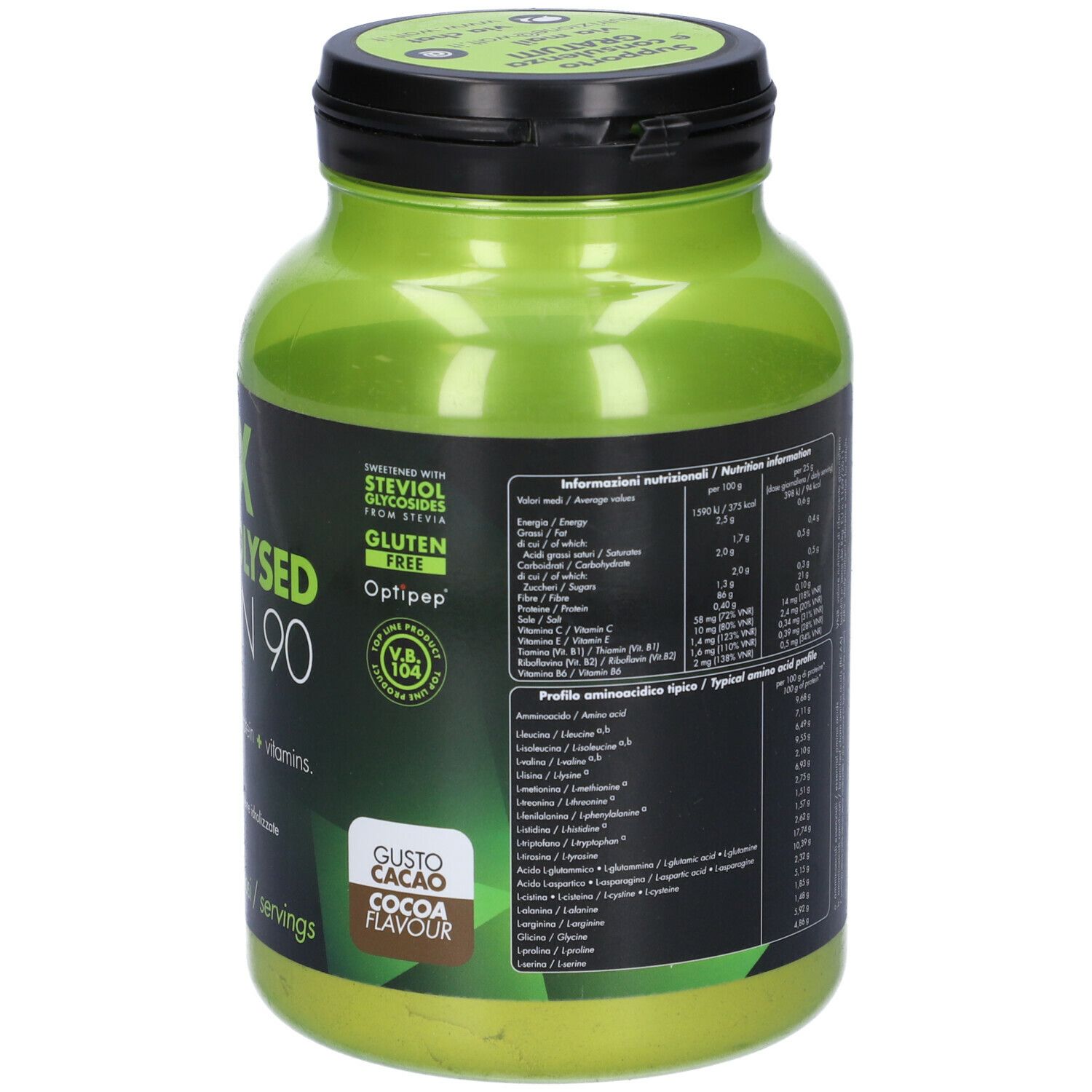 Barattolo verde con coperchio nero. Retro con testo. Scritta: XXX Hydrolysed Protein 90. 250 g. Gusto cacao.