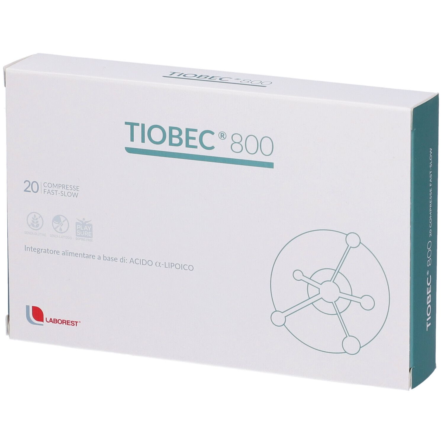 Scatola bianca Tiobec 800, 20 compresse. Logo Laborest.