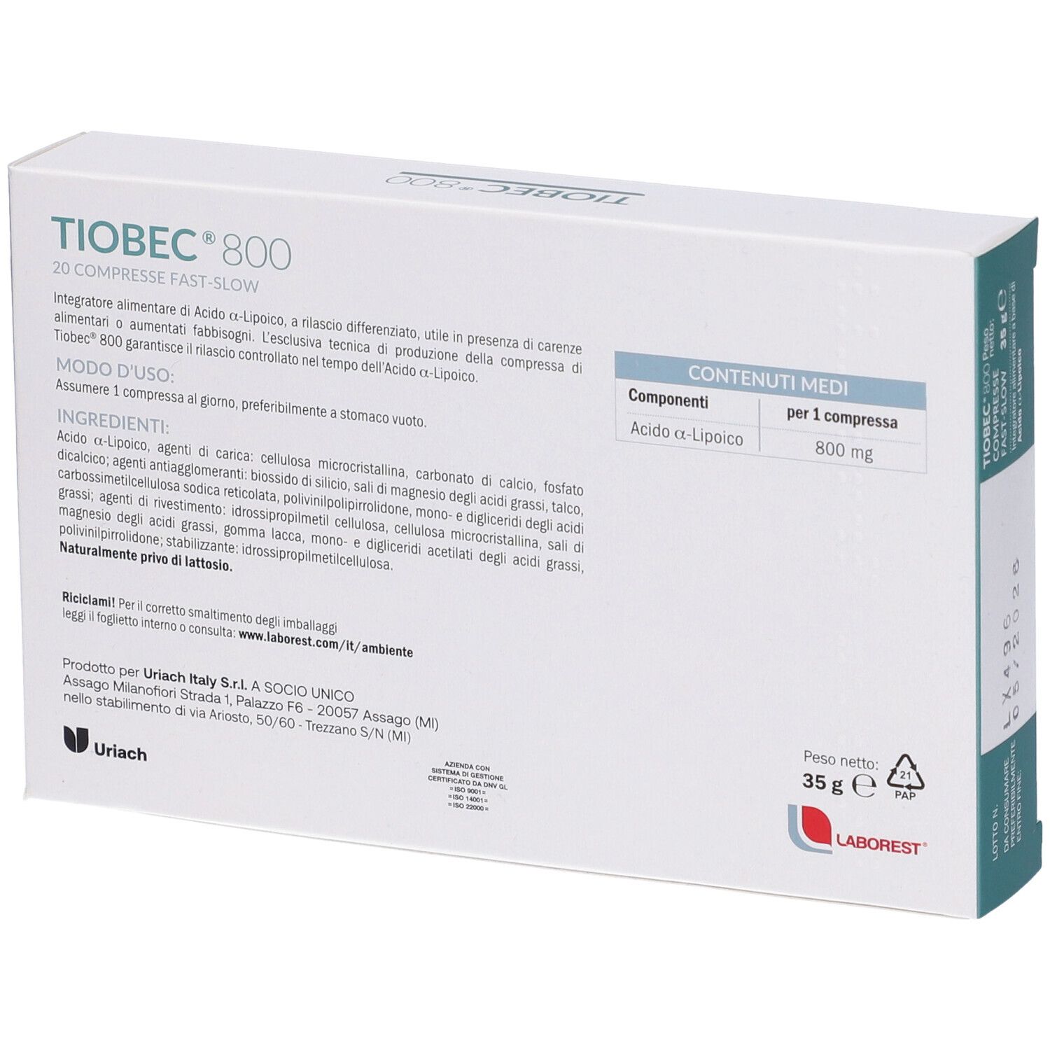 Scatola bianca Tiobec 800, 20 compresse. Ingredienti e produttore sul retro.