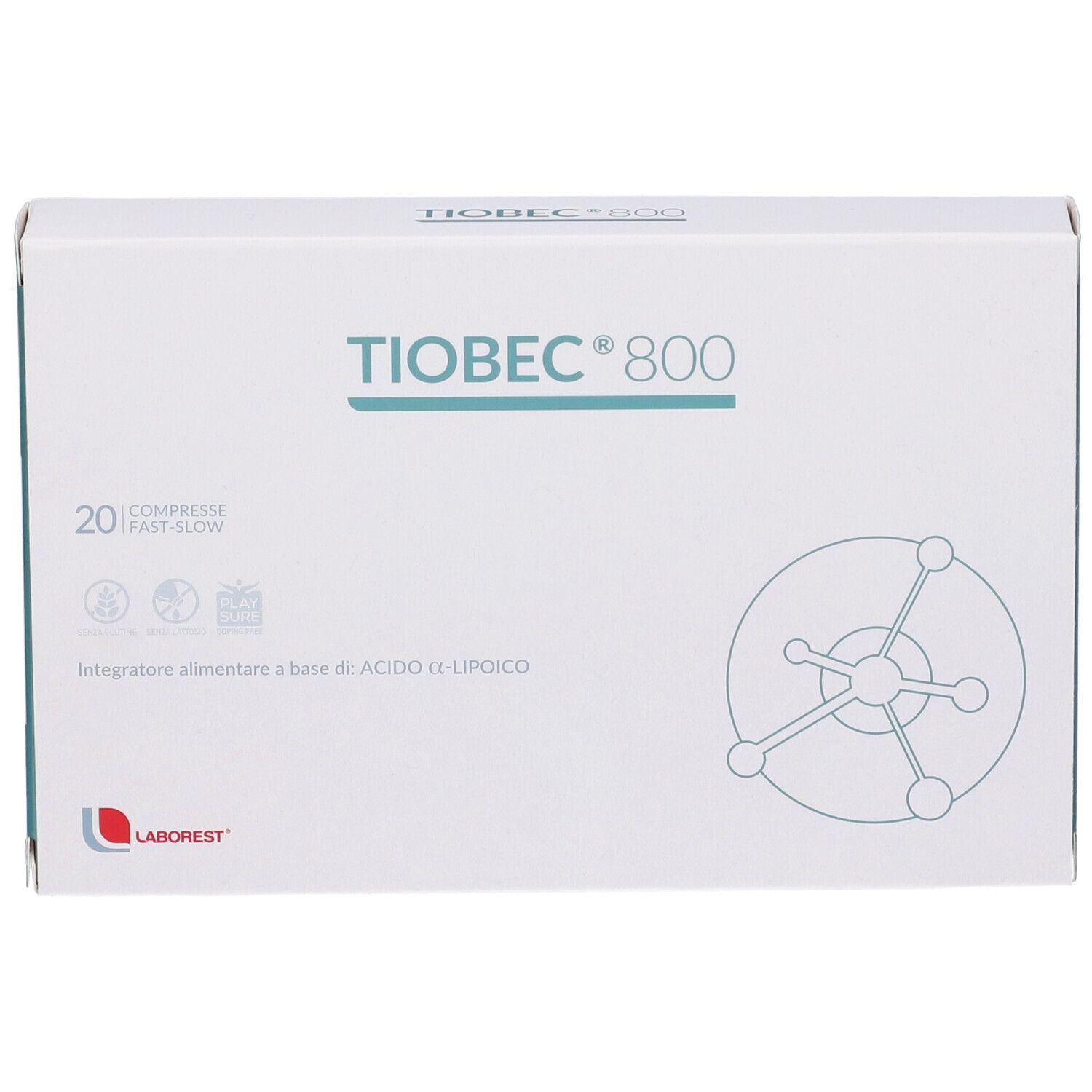 Scatola bianca Tiobec 800, 20 compresse. Logo Laborest.