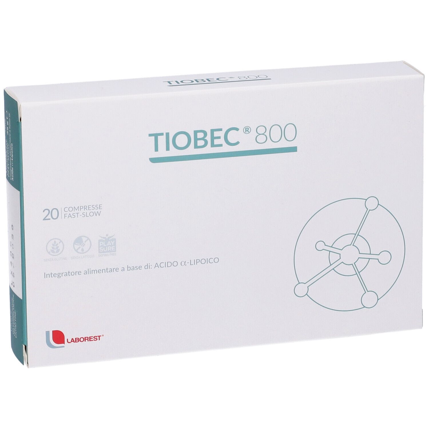 Scatola bianca Tiobec 800, 20 compresse. Logo Laborest.