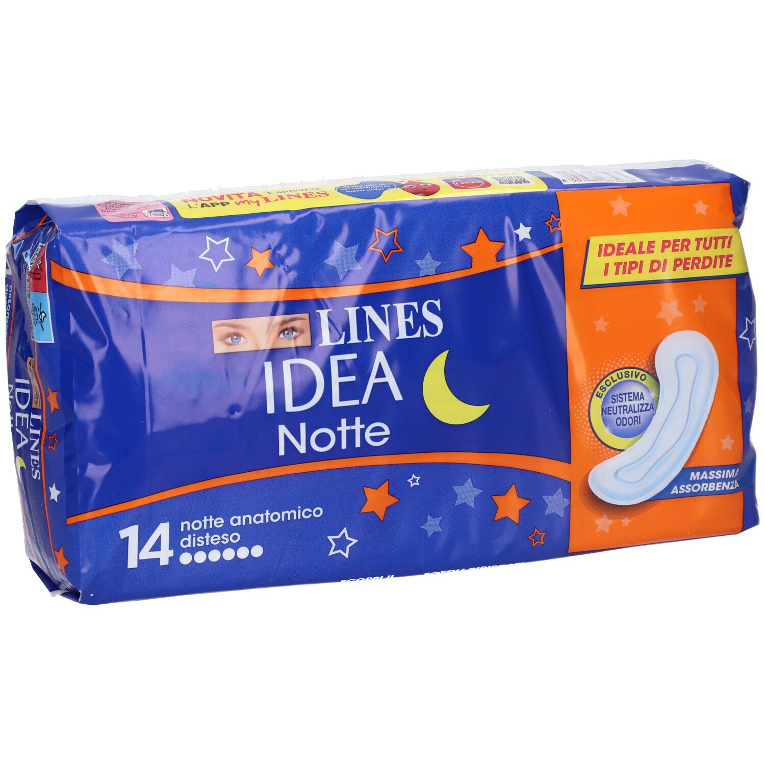 Verpackung von Lines Idea Notte Senza Ali. Blaue Verpackung mit Produktabbildung und Text. 14 Stück.