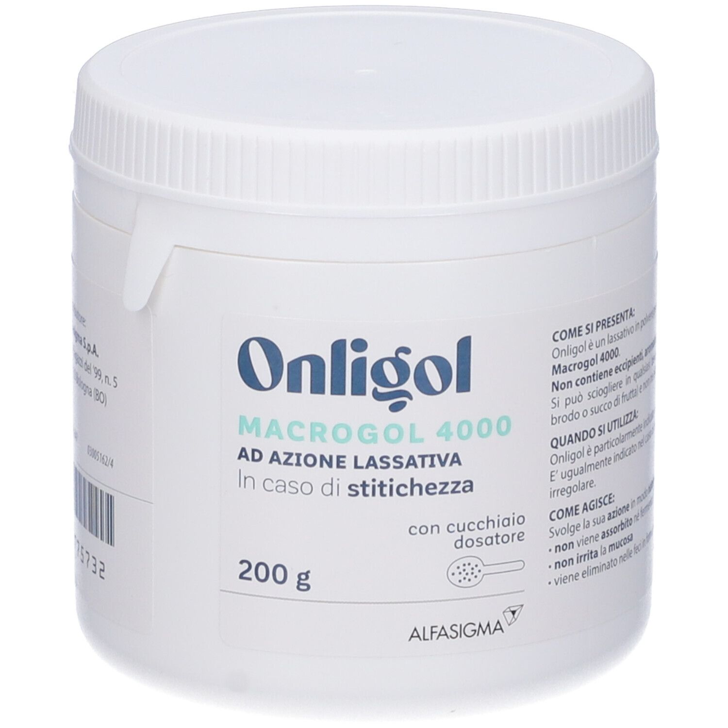Barattolo Onligol. Contiene Macrogol 4000. 200 g. Con cucchiaio dosatore. Per stitichezza. Alfasigma.