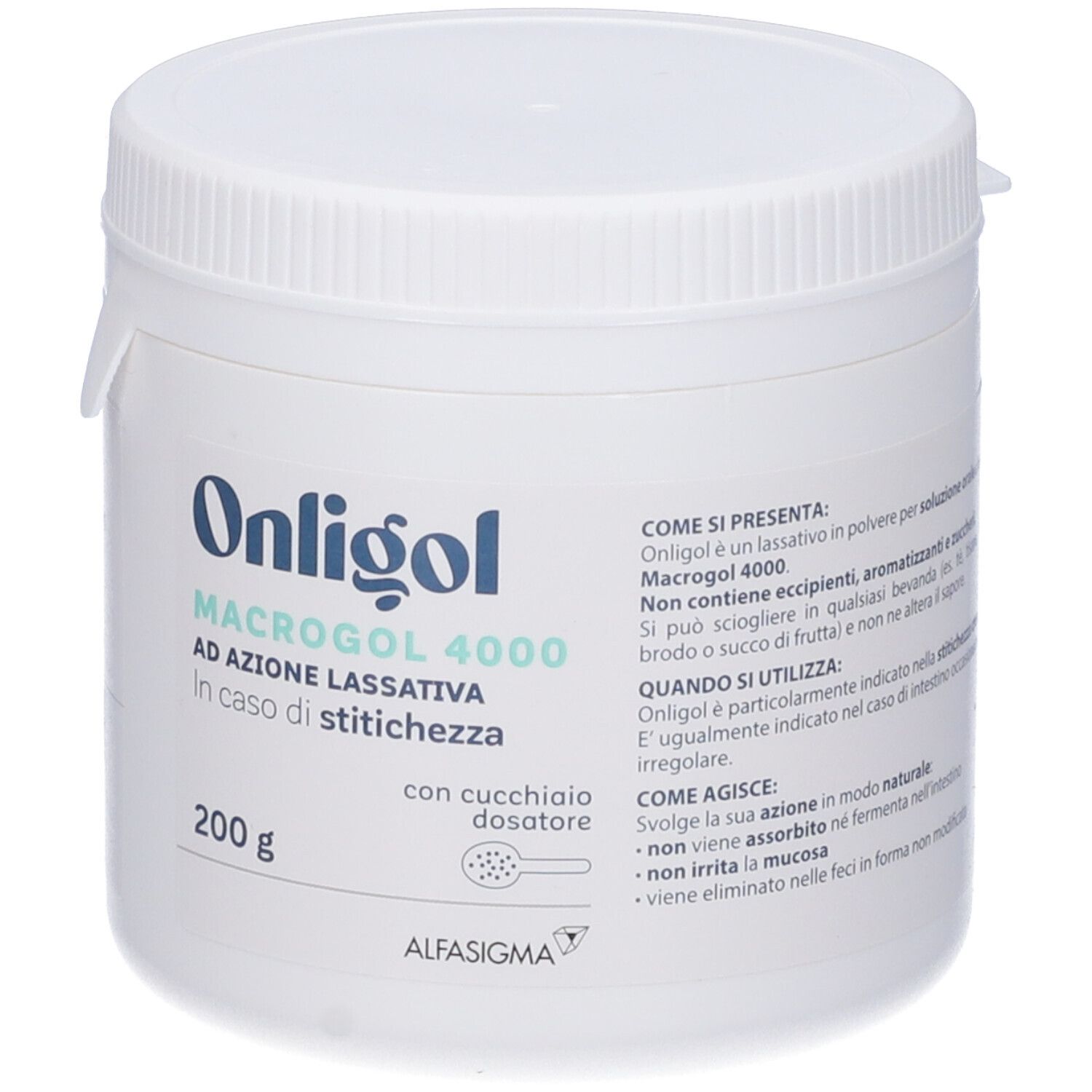 Barattolo Onligol. Contiene Macrogol 4000. 200 g. Con cucchiaio dosatore. Per stitichezza. Alfasigma.