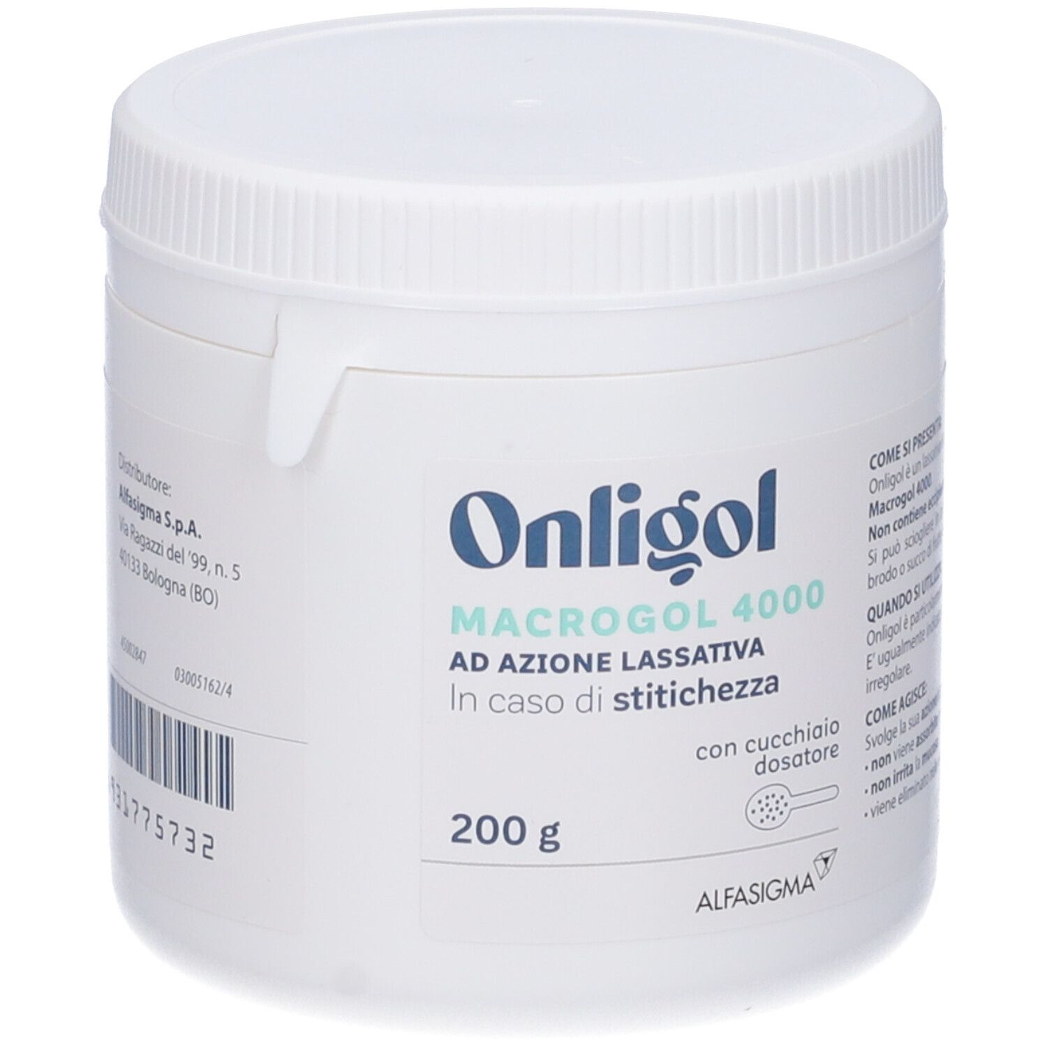 Barattolo Onligol. Contiene Macrogol 4000. 200 g. Con cucchiaio dosatore. Per stitichezza. Alfasigma.