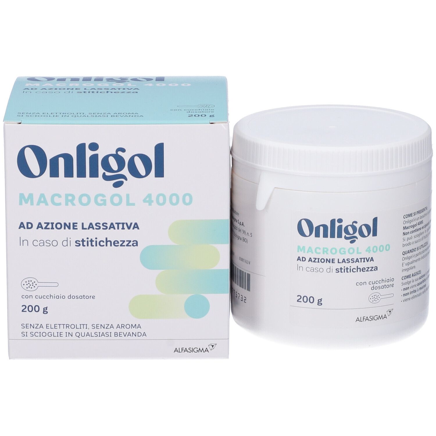 Confezione e barattolo Onligol. Contiene Macrogol 4000. Con cucchiaio dosatore. 200 g. Per stitichezza. Alfasigma.