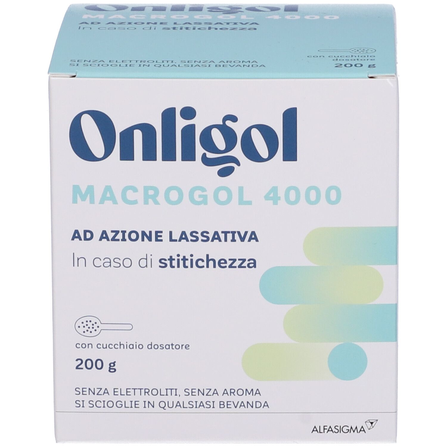 Confezione Onligol. Contiene Macrogol 4000. Con cucchiaio dosatore. 200 g. Senza elettroliti, senza aroma. Si scioglie in bevande.