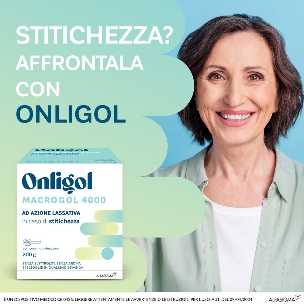 Donna sorridente. Testo: 'Stitichezza? Affrontala con Onligol'. Confezione Onligol con Macrogol 4000. Dispositivo medico CE 0426.