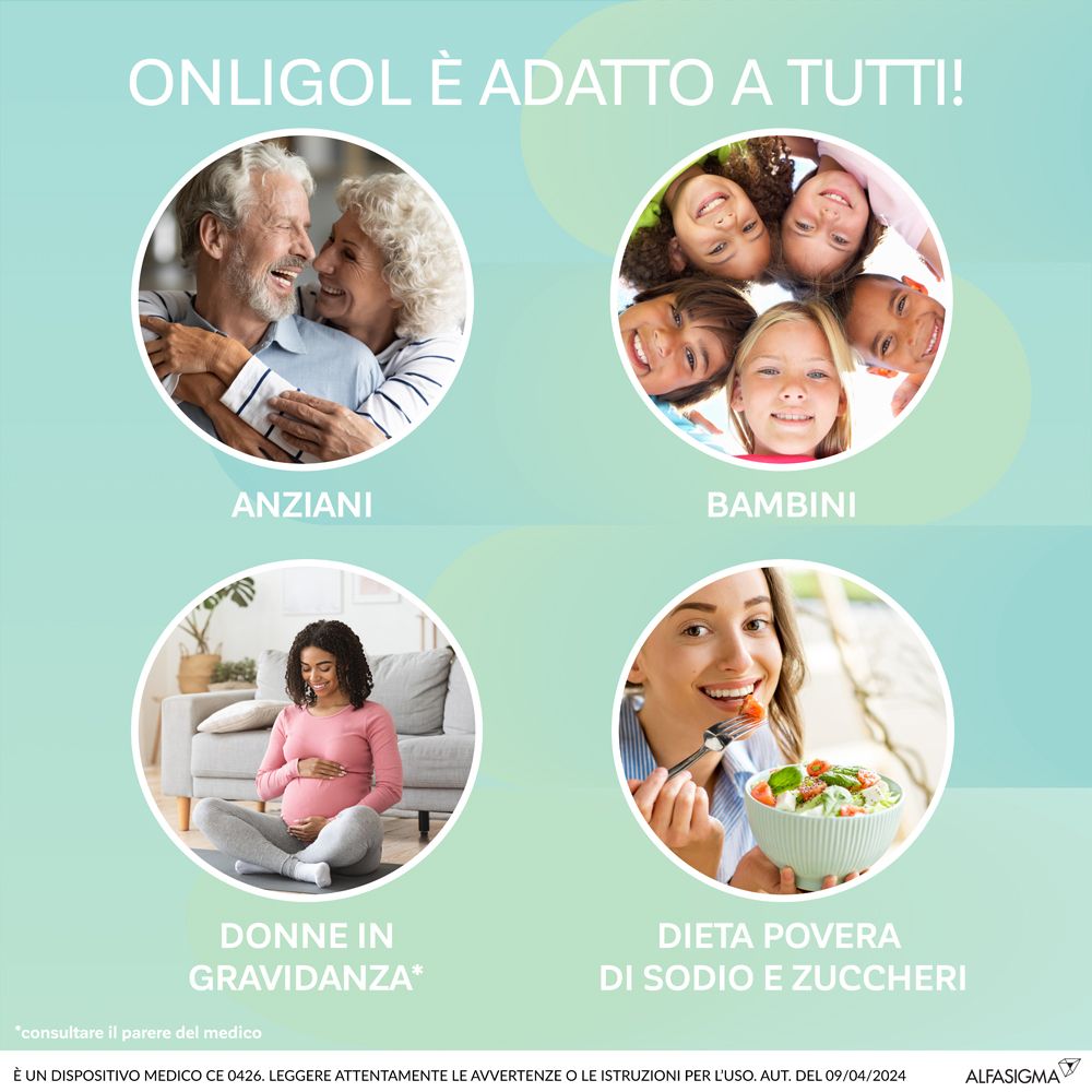 Onligol è adatto a tutti: anziani, bambini, donne in gravidanza, dieta povera di sodio e zuccheri.