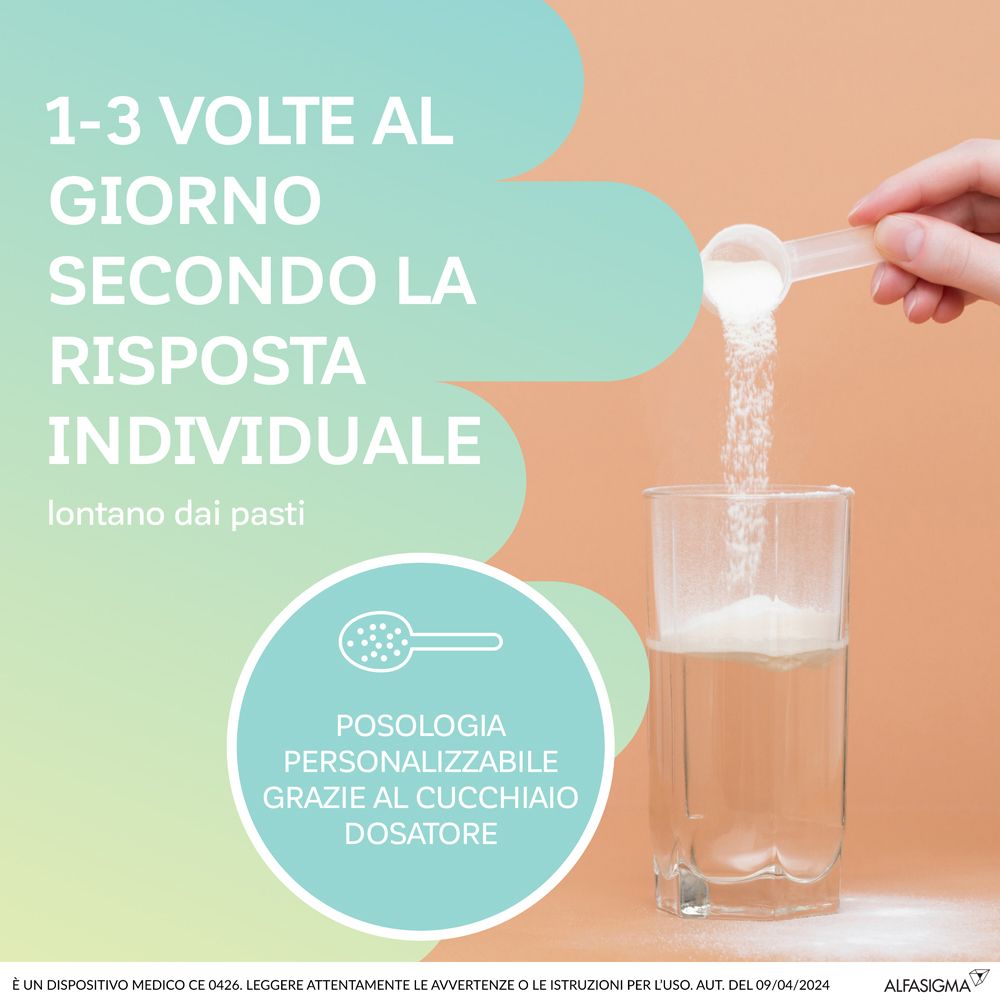 Posologia: 1-3 volte al giorno secondo la risposta individuale. Con cucchiaio dosatore. Polvere versata in un bicchiere d'acqua.