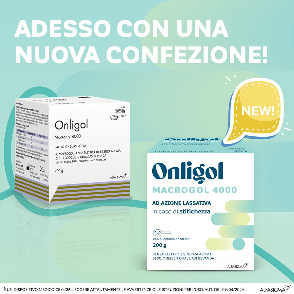 Nuova confezione Onligol. Due confezioni: una scatola e un barattolo. Entrambi contengono Macrogol 4000.