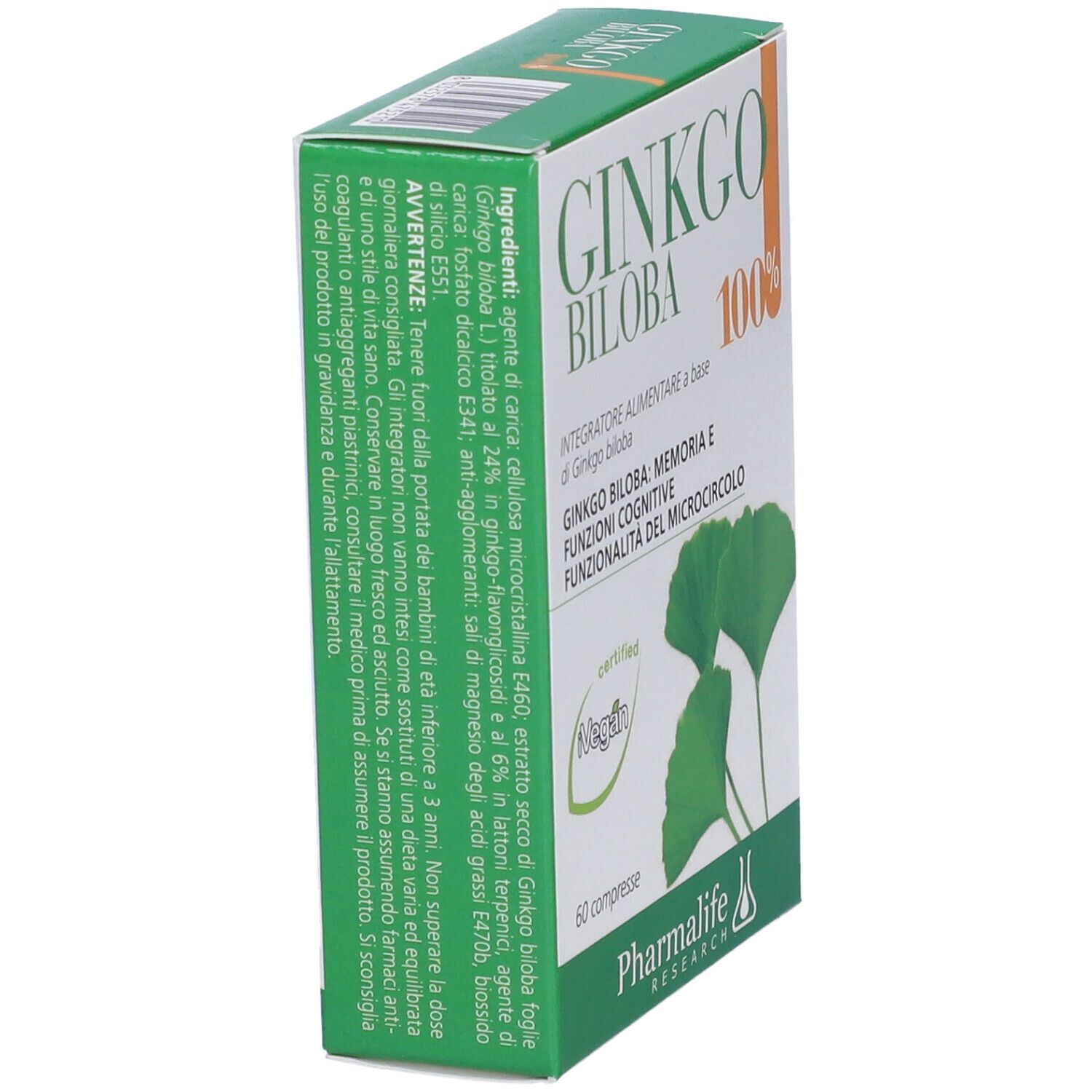 Vista laterale della scatola di compresse Ginkgo Biloba 100%. Testo con ingredienti e avvertenze sulla confezione.
