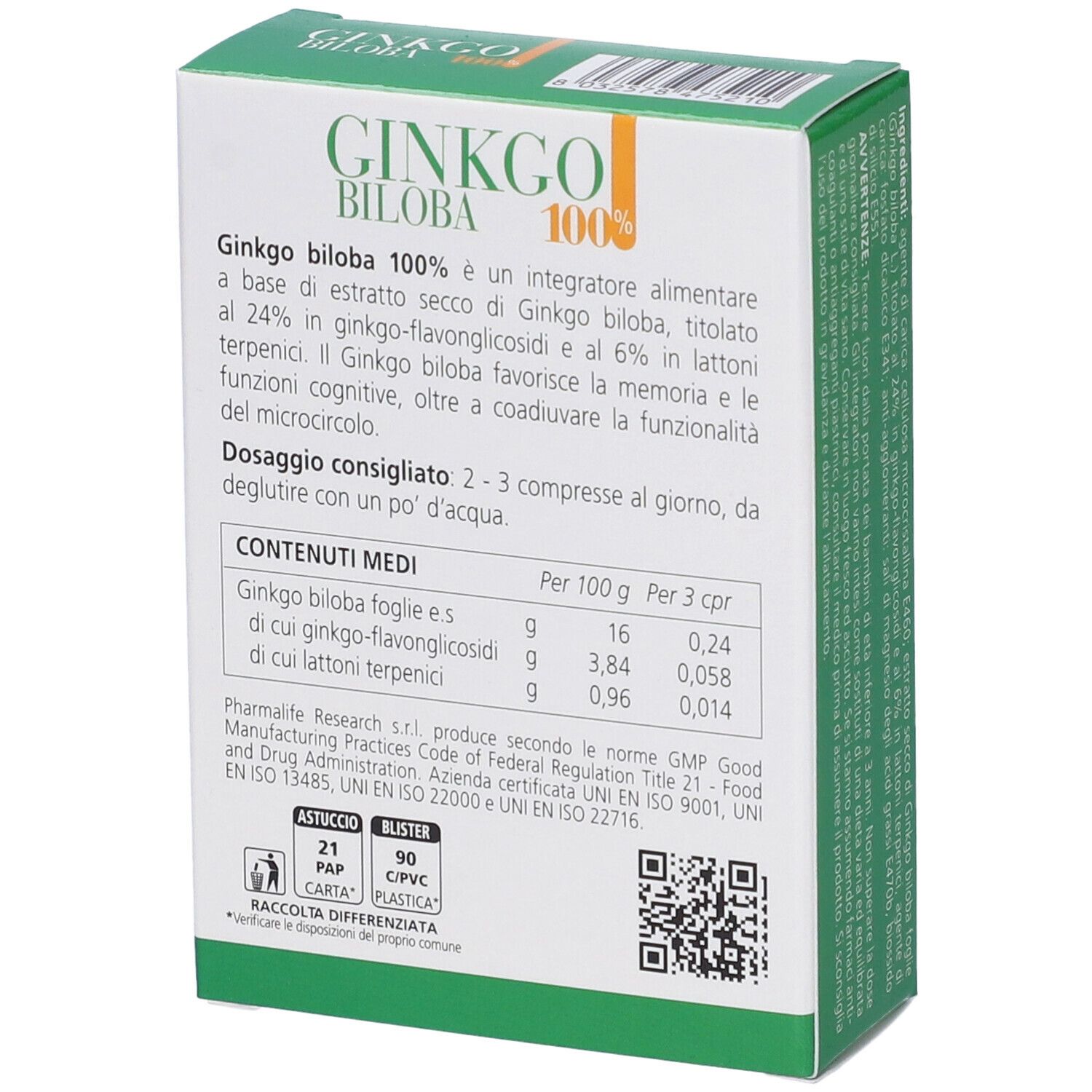 Retro della scatola di compresse Ginkgo Biloba 100%. Testo con informazioni nutrizionali e raccomandazioni di dosaggio.