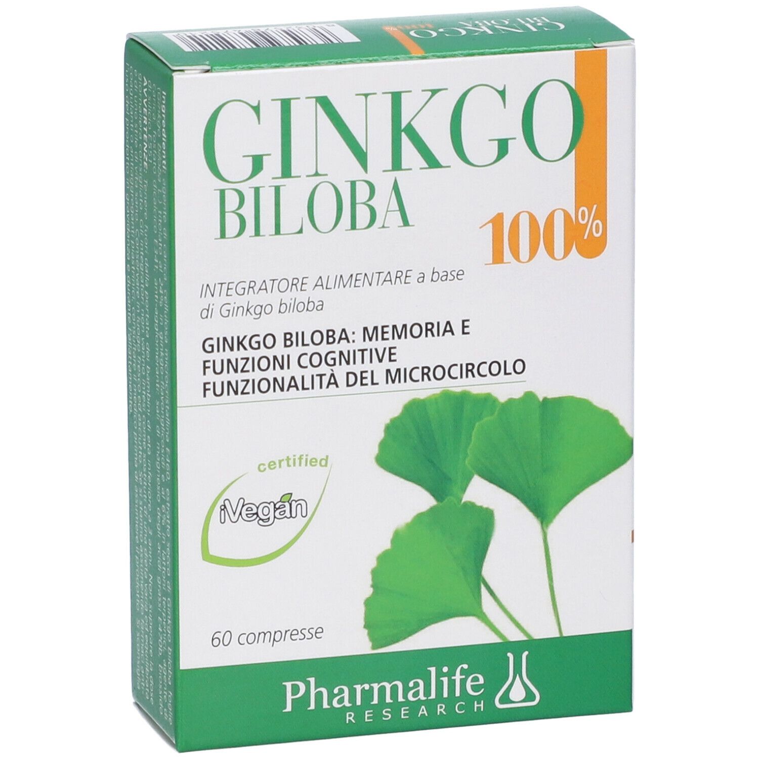 Vista frontale della scatola di compresse Ginkgo Biloba 100%. Confezione verde e bianca con nome, foglie e 60 compresse.