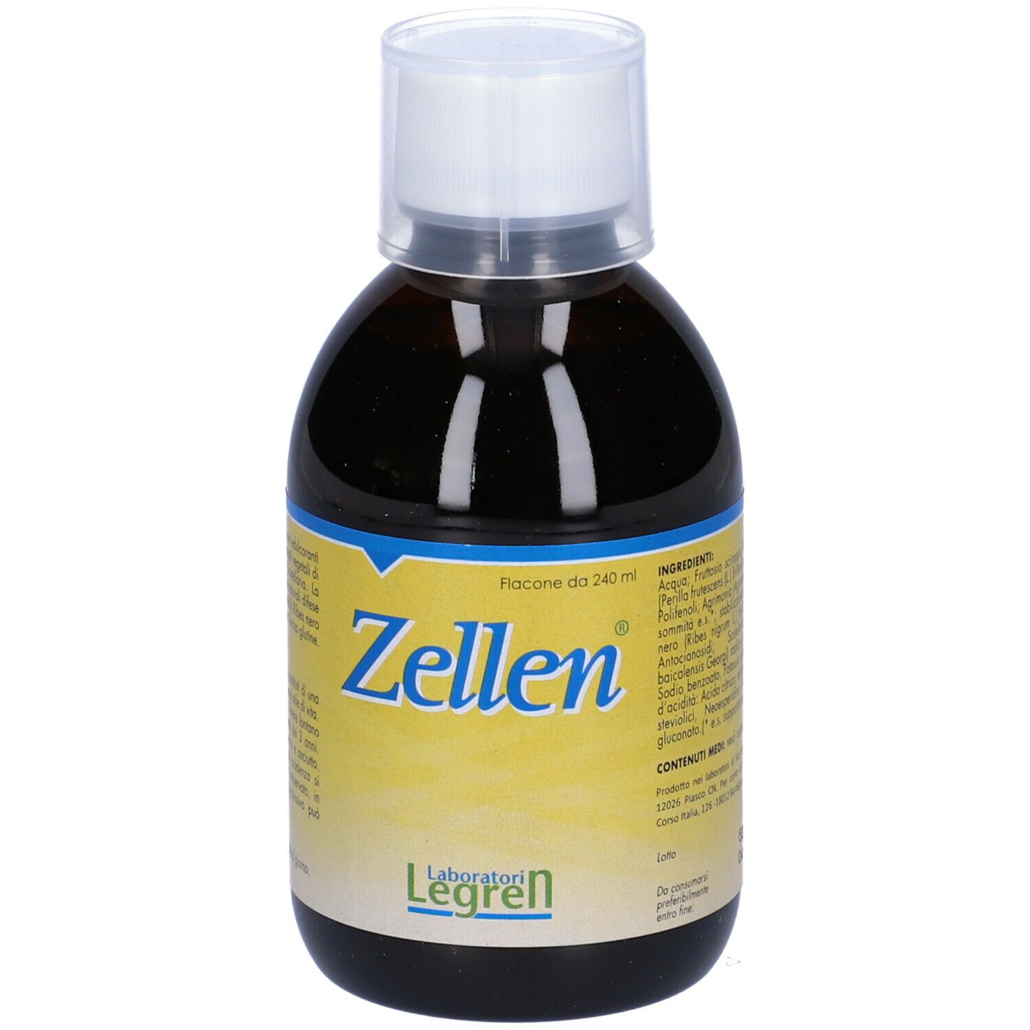 Liquido marrone in bottiglia con tappo bianco. Scritta 'Zellen' e 'Laboratori Legren'.