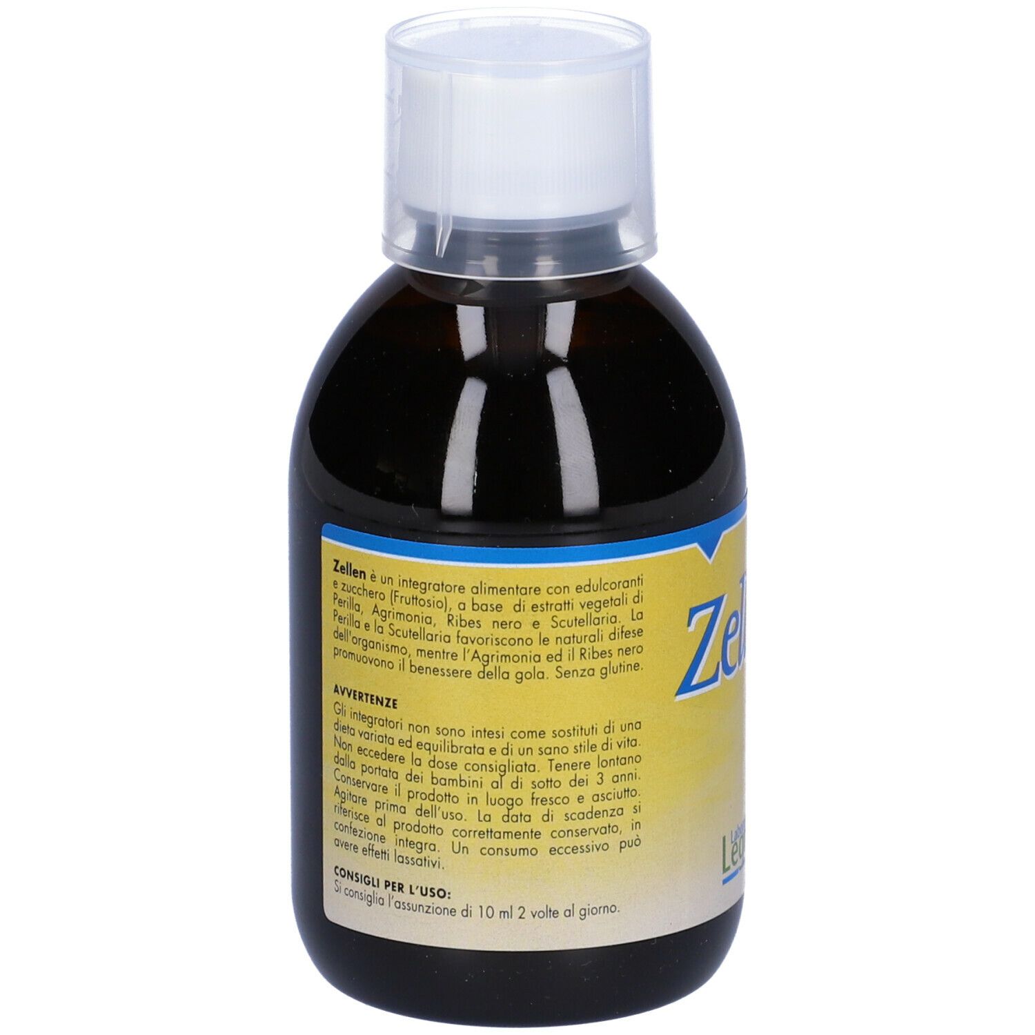 Liquido marrone in bottiglia con tappo bianco. Testo in italiano. 'Zellen' e 'Laboratori Legren'.