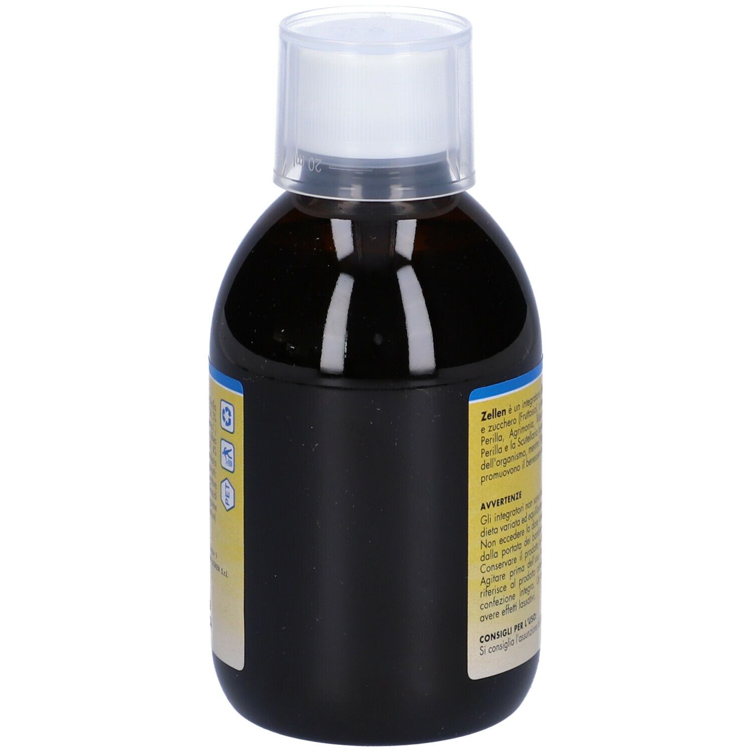 Liquido marrone in bottiglia con tappo bianco. Testo in italiano. 'Zellen' e 'Laboratori Legren'.