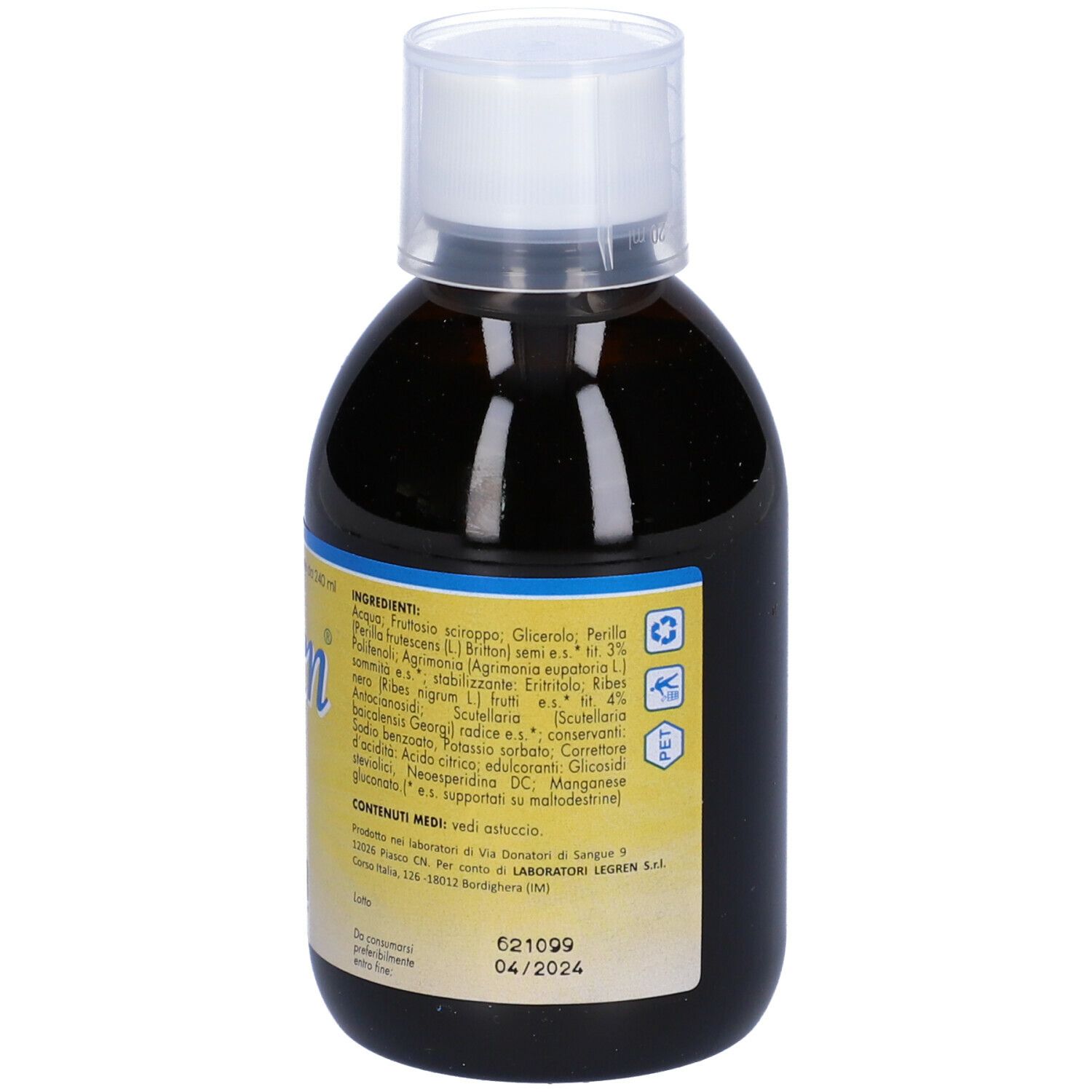 Liquido marrone in bottiglia con tappo bianco. Lista ingredienti e testo in italiano. 'Zellen'.