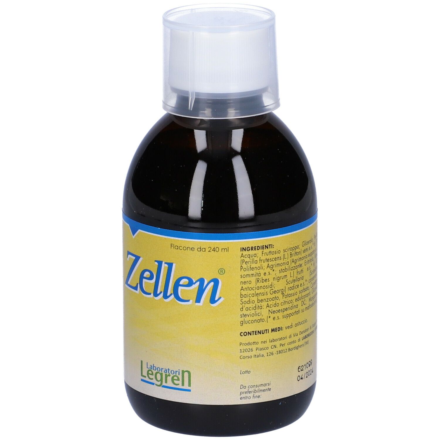 Liquido marrone in bottiglia con tappo bianco. Scritta 'Zellen' e 'Laboratori Legren'.