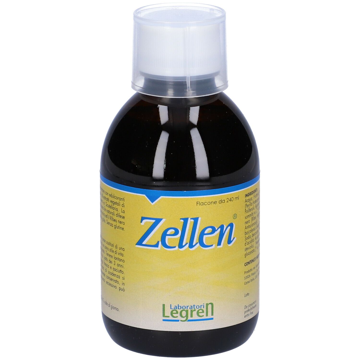 Liquido marrone in bottiglia con tappo bianco. Scritta 'Zellen' e 'Laboratori Legren'.