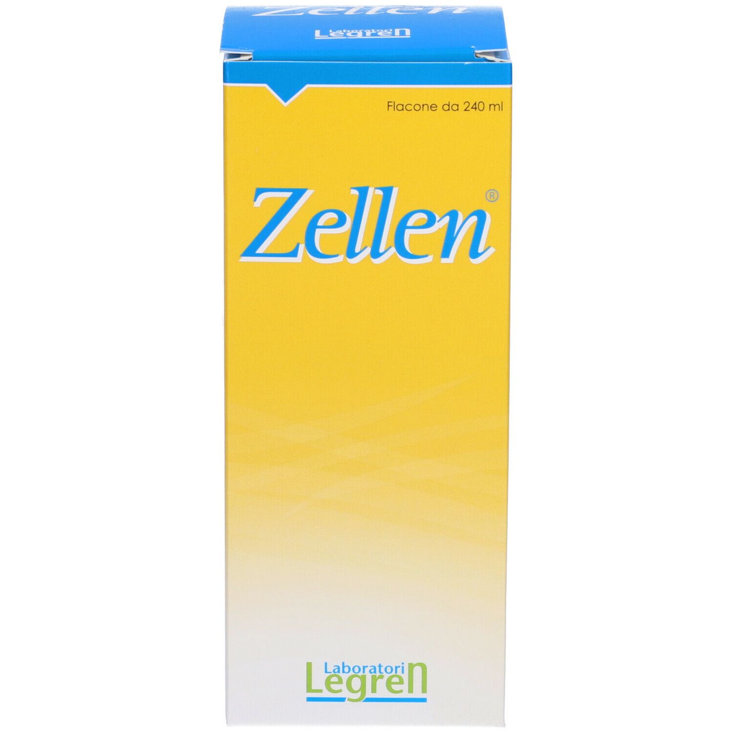 Scatola gialla con scritta blu 'Zellen'. Logo 'Laboratori Legren'.