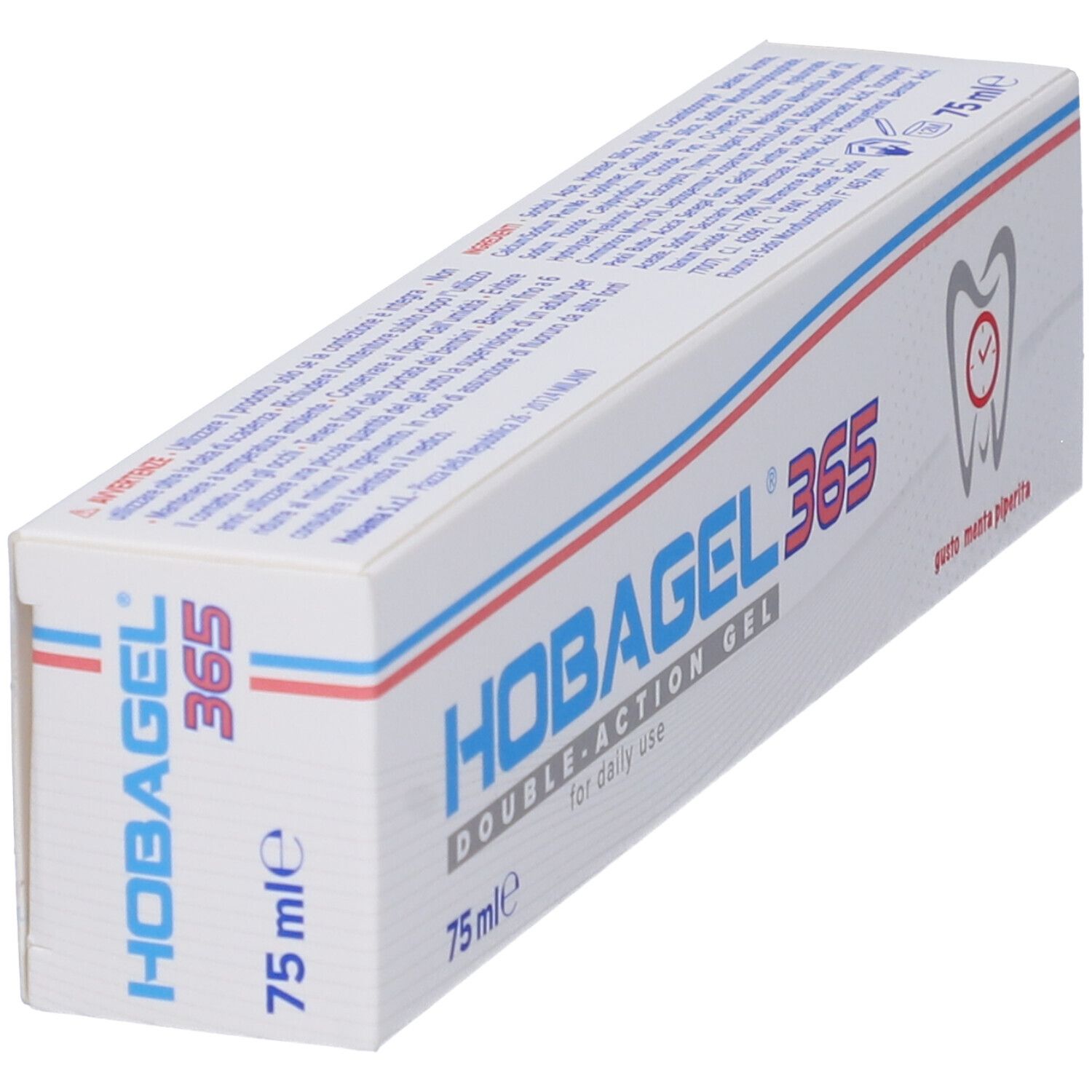 Confezione di dentifricio inclinata. Nome e logo del prodotto ben visibili. Contenuto 75 ml.